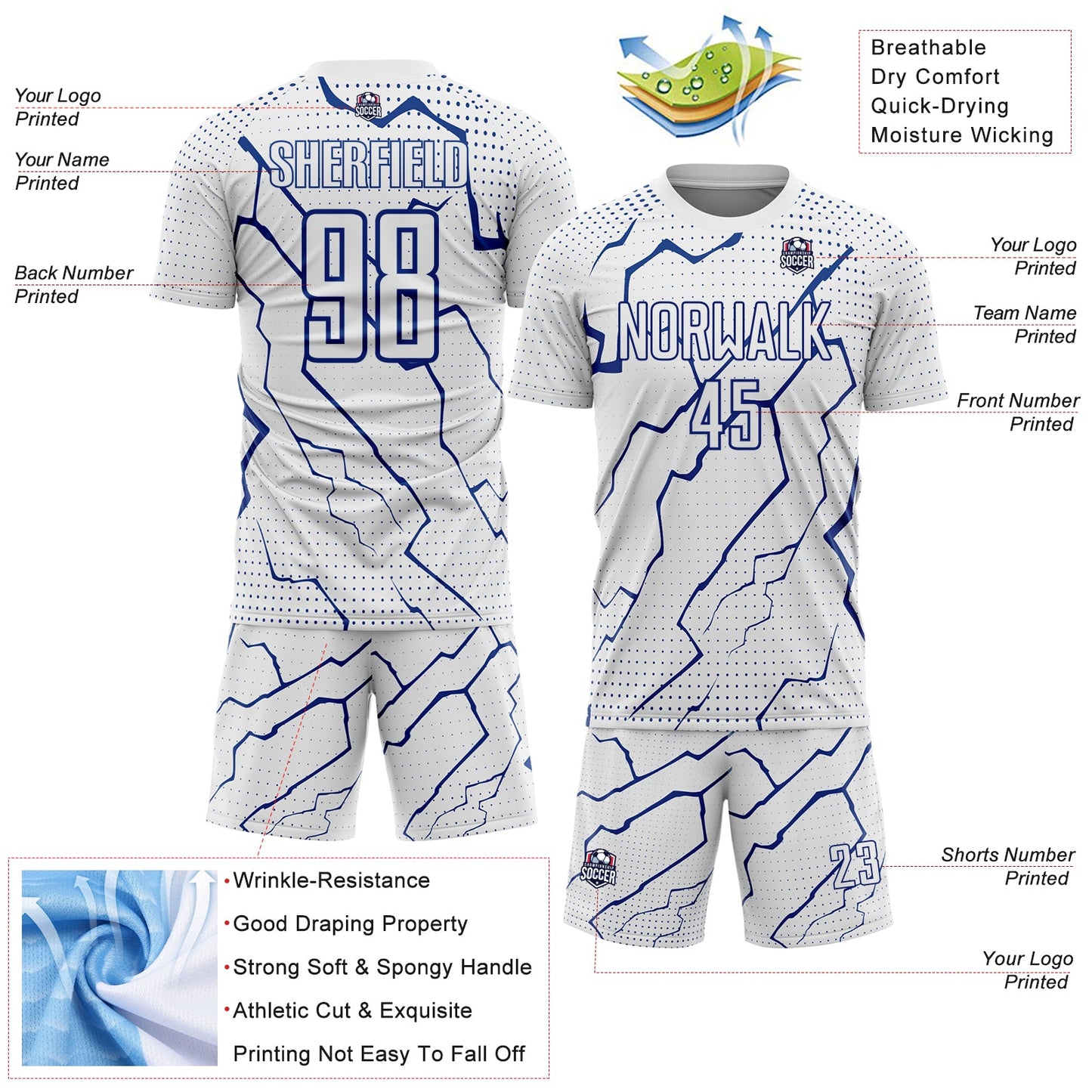 Custom White Royal Lightning Sports Sublimation Soccer Uniform Jersey Limited
