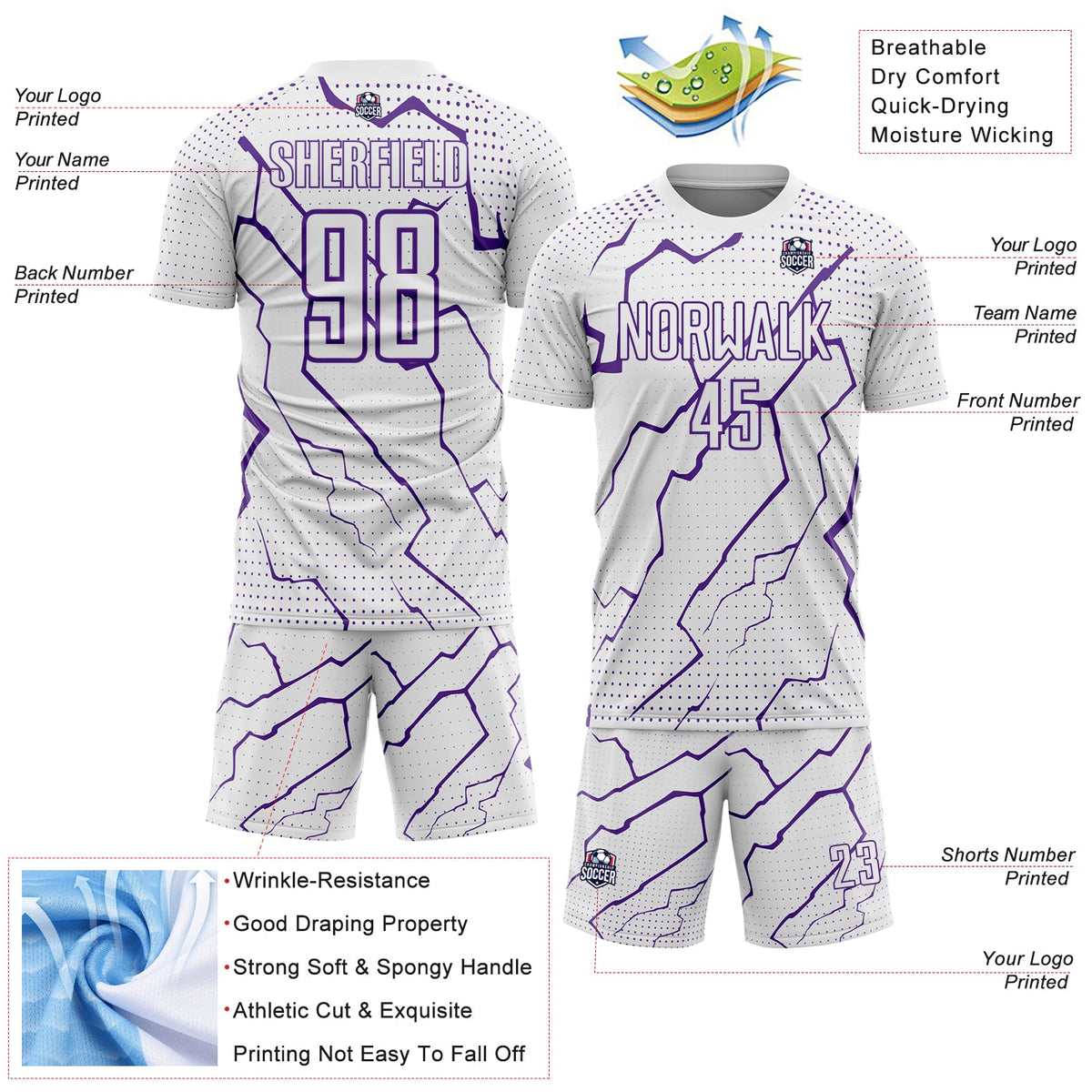 Custom White Purple Lightning Sports Sublimation Soccer Uniform Jersey Limited