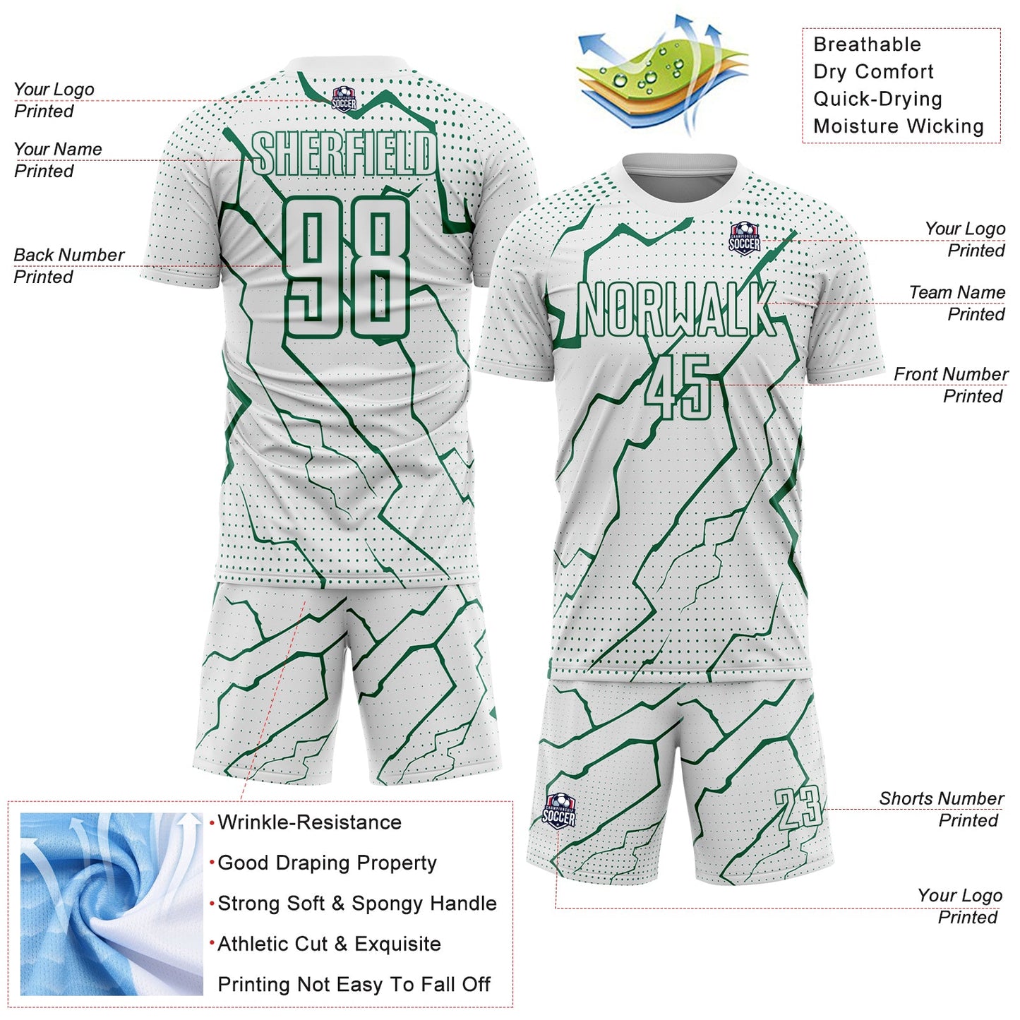 Custom White Kelly Green Lightning Sports Sublimation Soccer Uniform Jersey Limited