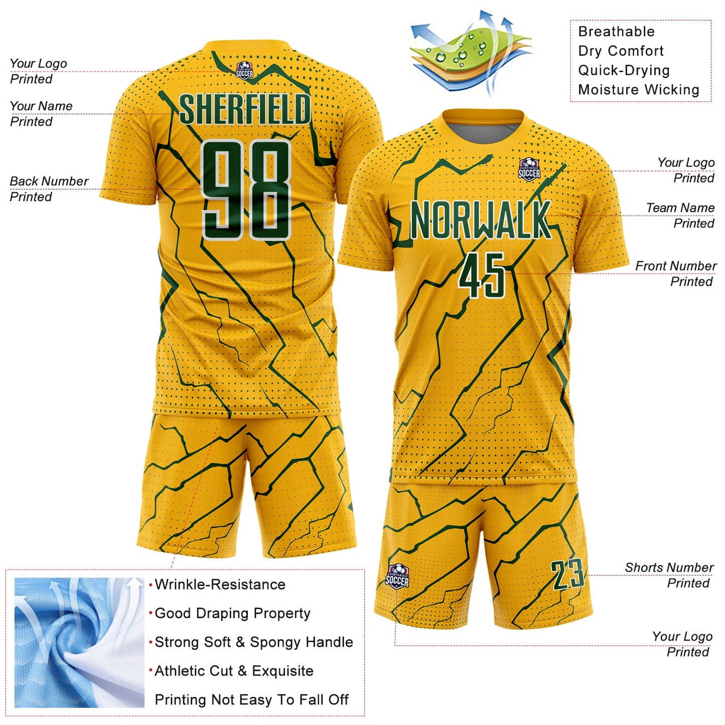 Custom Gold Green-White Lightning Sports Sublimation Soccer Uniform Jersey Limited
