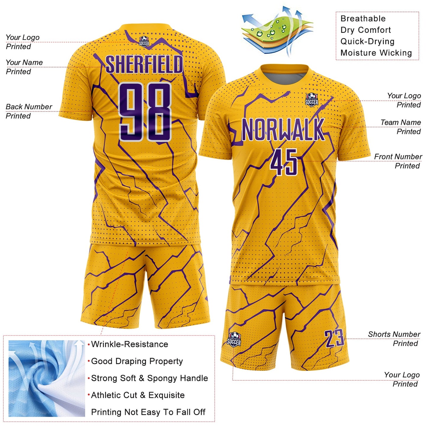 Custom Gold Purple-White Lightning Sports Sublimation Soccer Uniform Jersey Limited