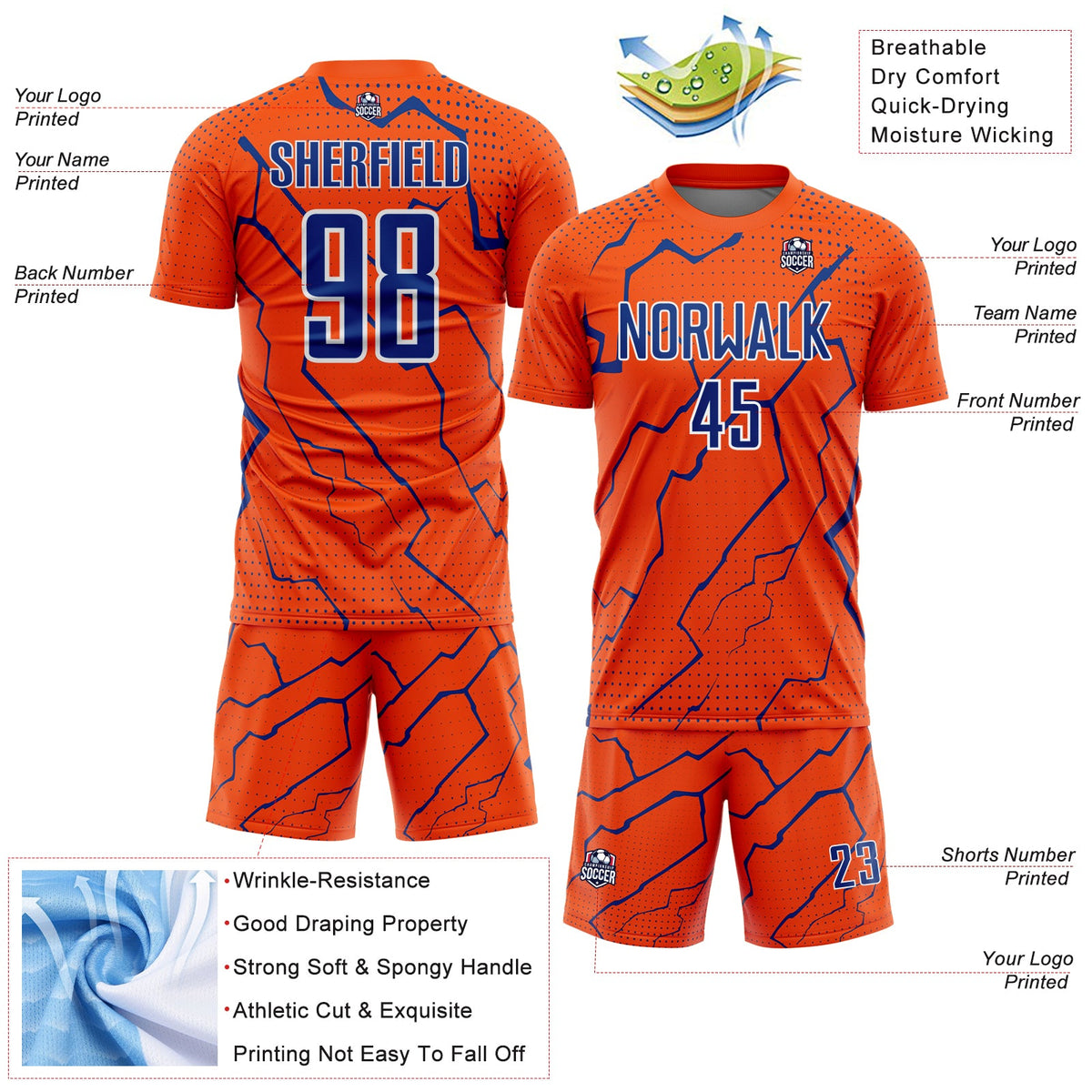 Custom Orange Royal-White Lightning Sports Sublimation Soccer Uniform Jersey Limited