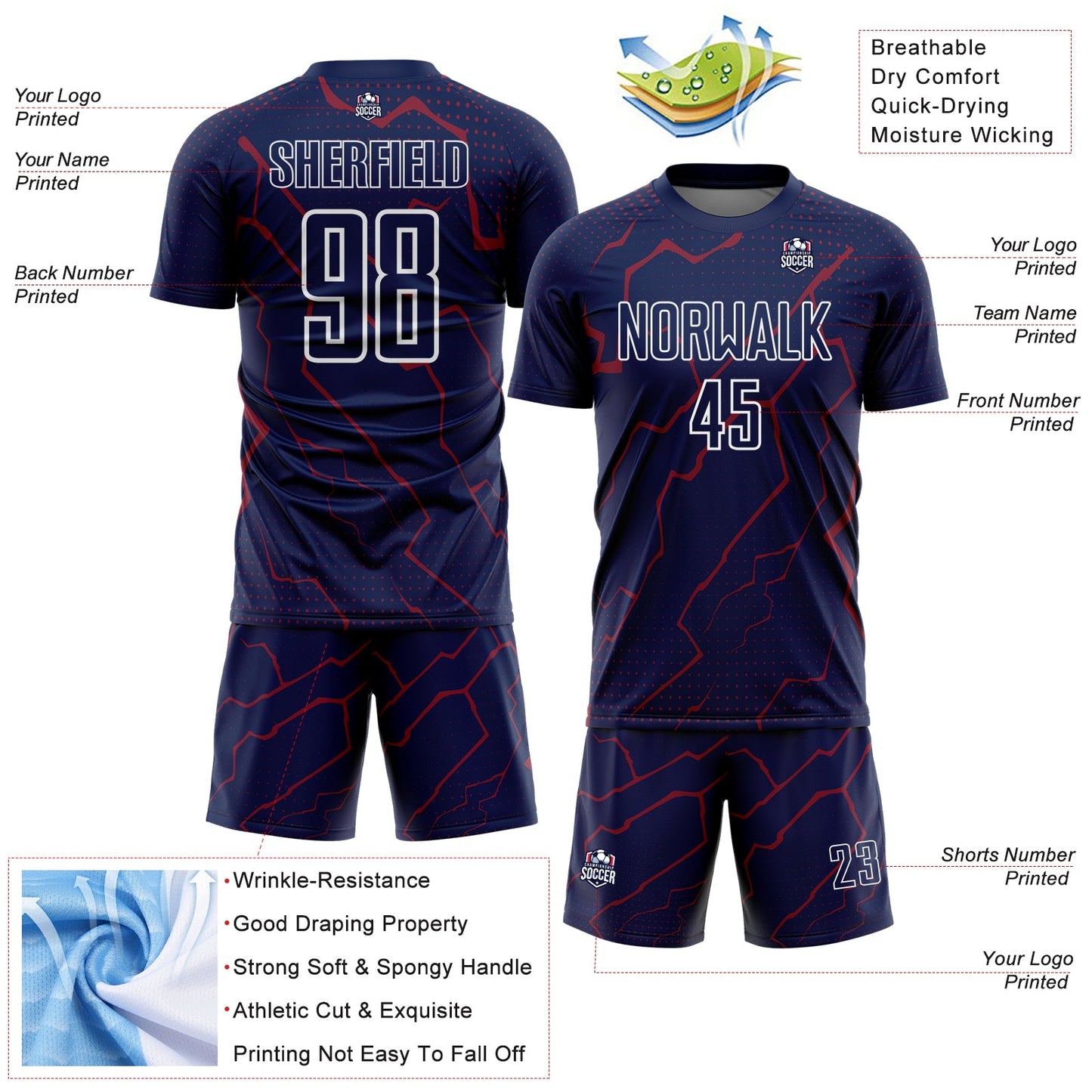 Custom Navy Crimson-White Lightning Sports Sublimation Soccer Uniform Jersey Limited