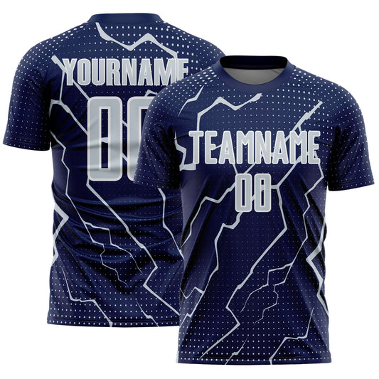 Custom Navy Silver-White Lightning Sports Sublimation Soccer Uniform Jersey