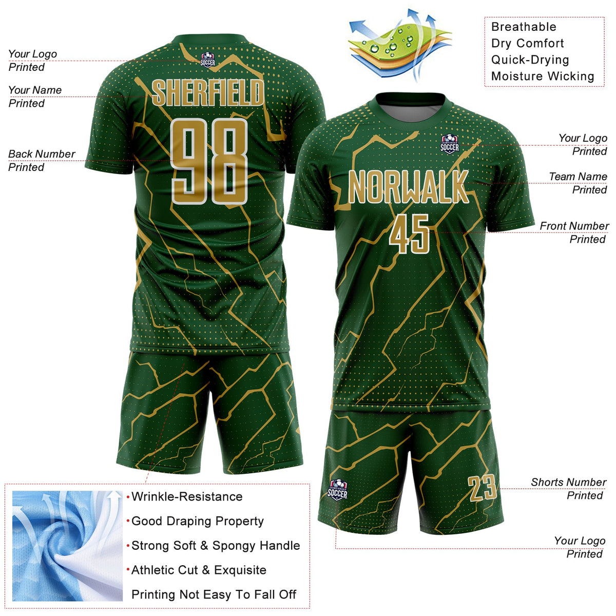 Custom Green Old Gold-White Lightning Sports Sublimation Soccer Uniform Jersey Limited
