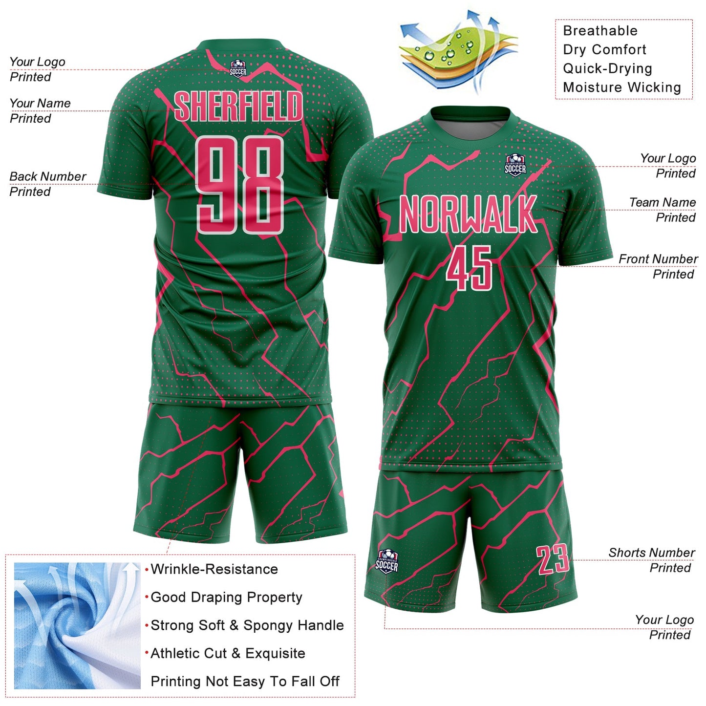 Custom Kelly Green Neon Pink-White Lightning Sports Sublimation Soccer Uniform Jersey Limited