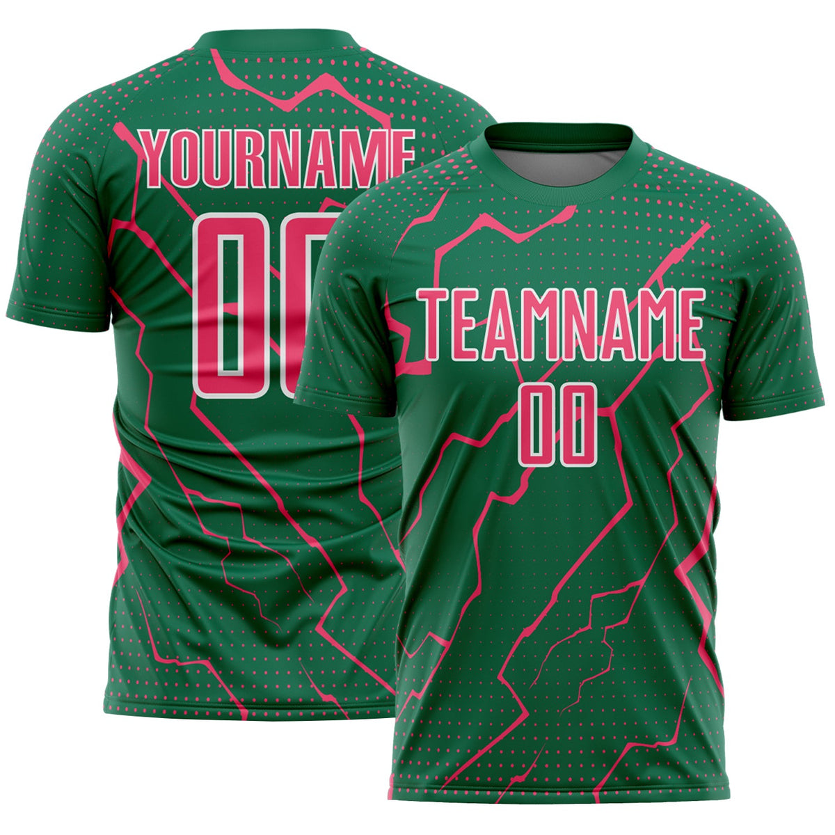 Custom Kelly Green Neon Pink-White Lightning Sports Sublimation Soccer Uniform Jersey