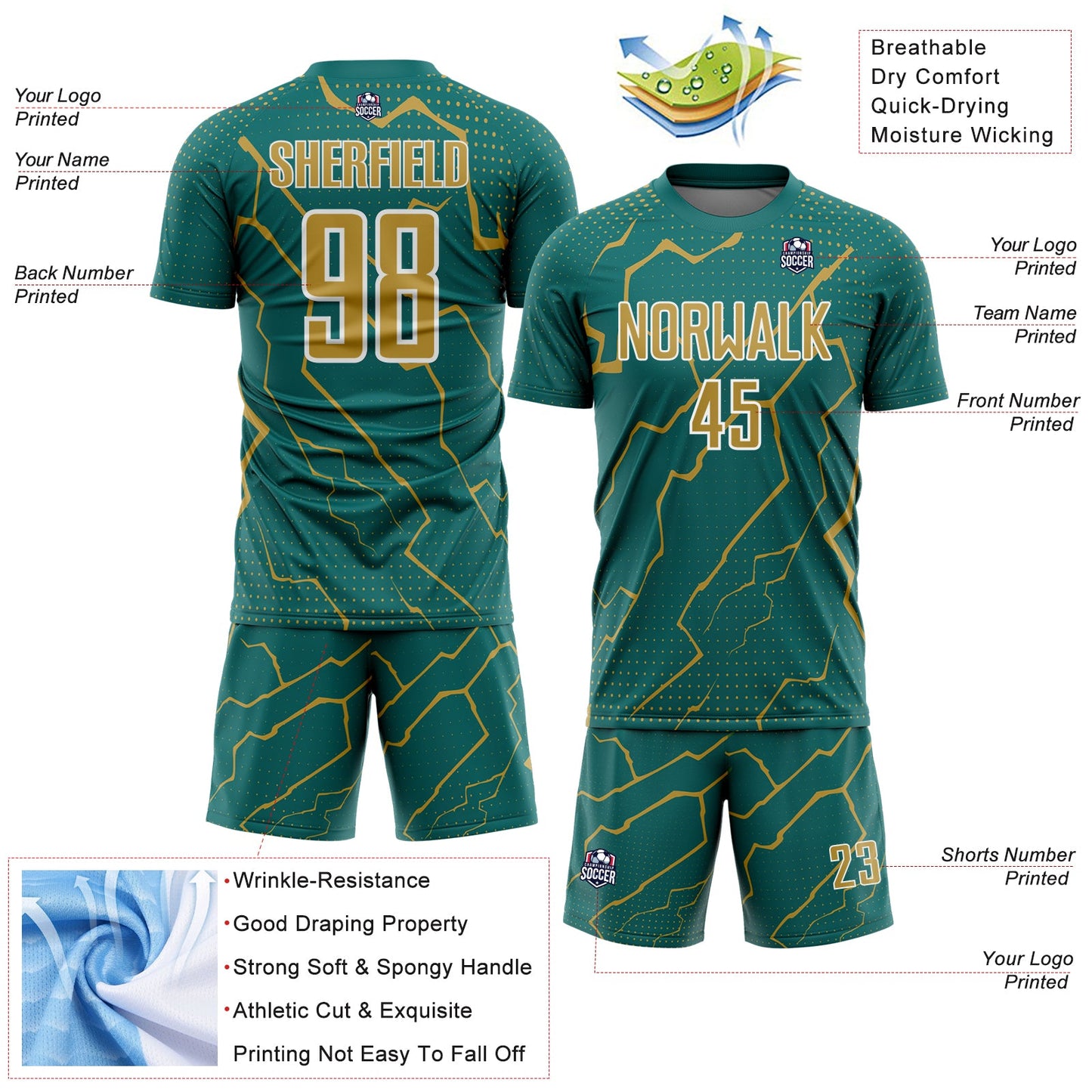 Custom Teal Old Gold-White Lightning Sports Sublimation Soccer Uniform Jersey Limited