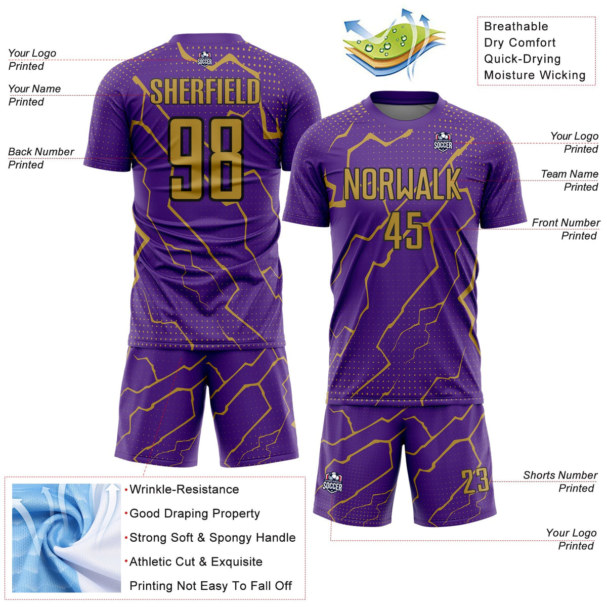 Custom Purple Old Gold-Black Lightning Sports Sublimation Soccer Uniform Jersey Limited