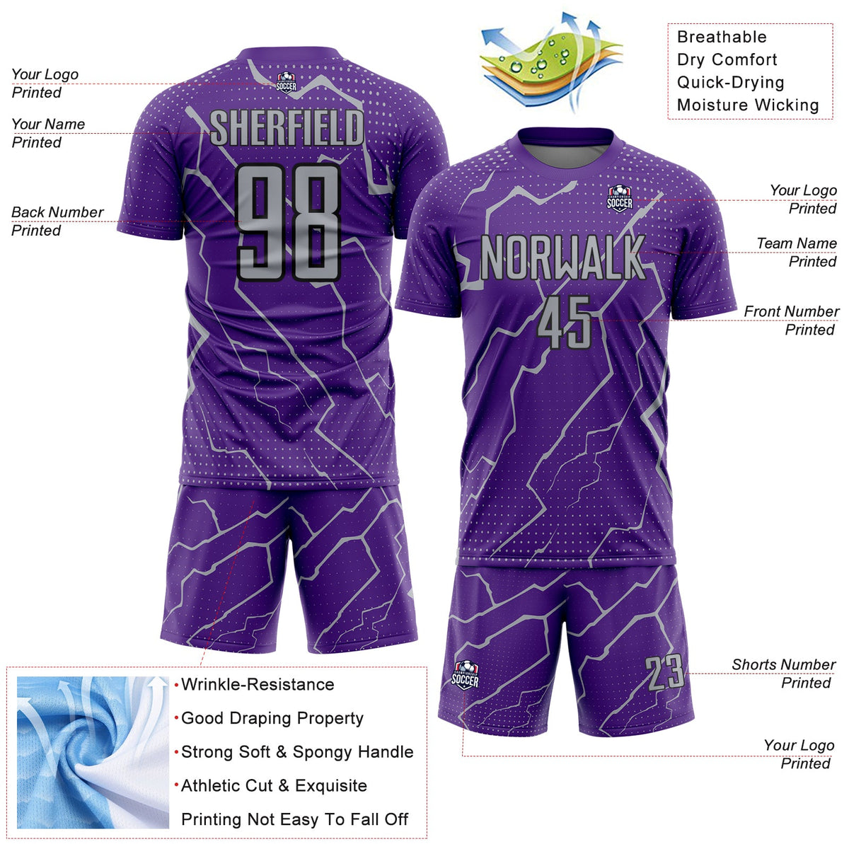 Custom Purple Gray-Black Lightning Sports Sublimation Soccer Uniform Jersey Limited