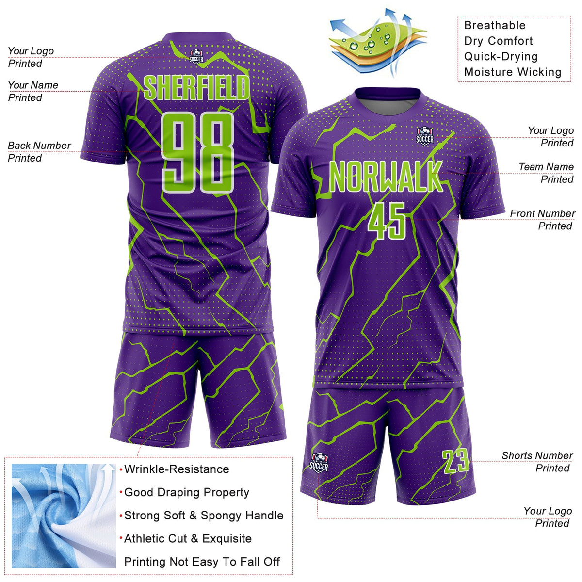 Custom Purple Neon Green-White Lightning Sports Sublimation Soccer Uniform Jersey Limited
