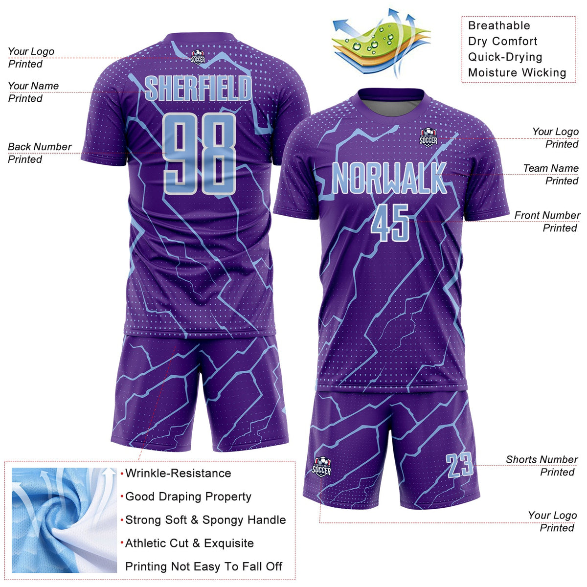 Custom Purple Light Blue-White Lightning Sports Sublimation Soccer Uniform Jersey Limited