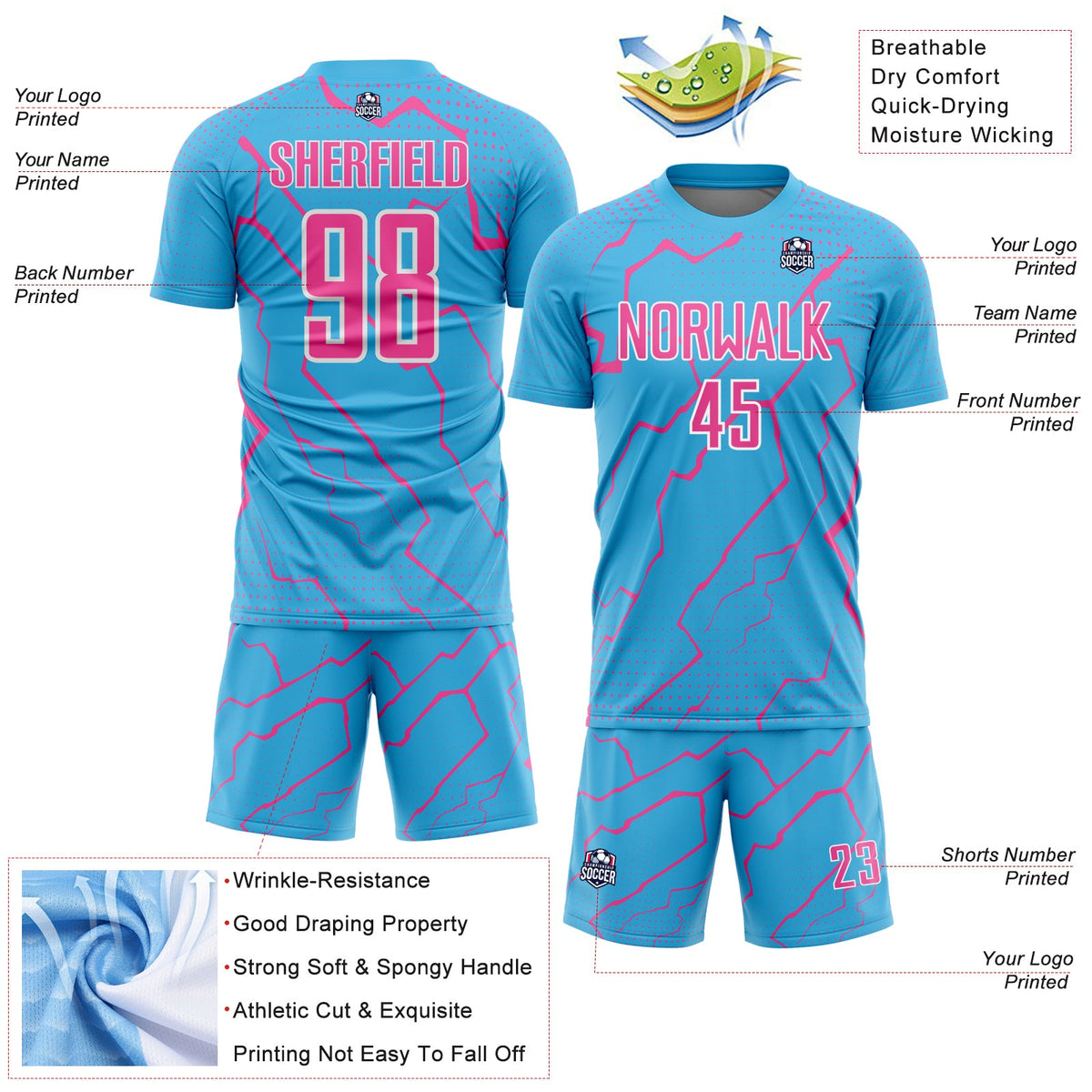 Custom Sky Blue Pink-White Lightning Sports Sublimation Soccer Uniform Jersey Limited