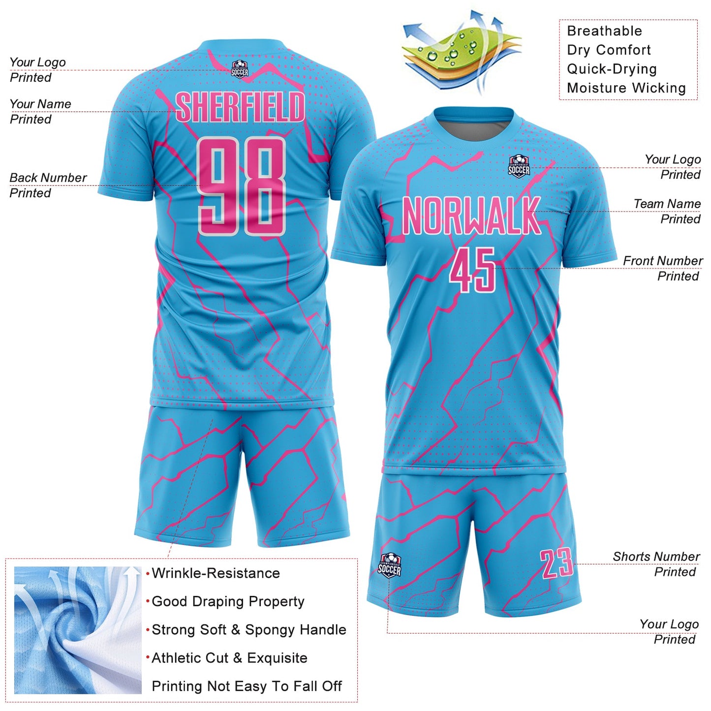 Custom Sky Blue Pink-White Lightning Sports Sublimation Soccer Uniform Jersey Limited
