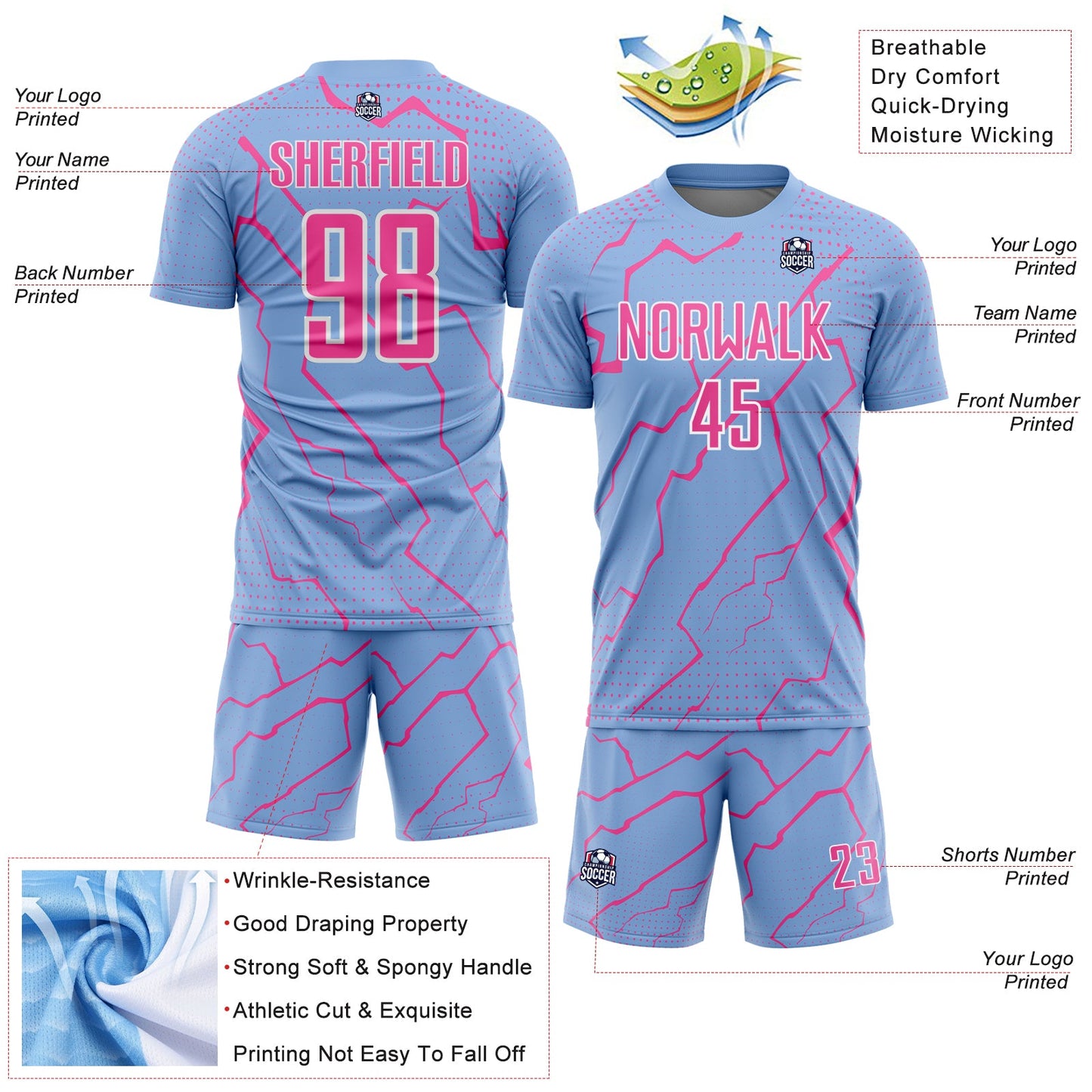 Custom Light Blue Pink-White Lightning Sports Sublimation Soccer Uniform Jersey Limited