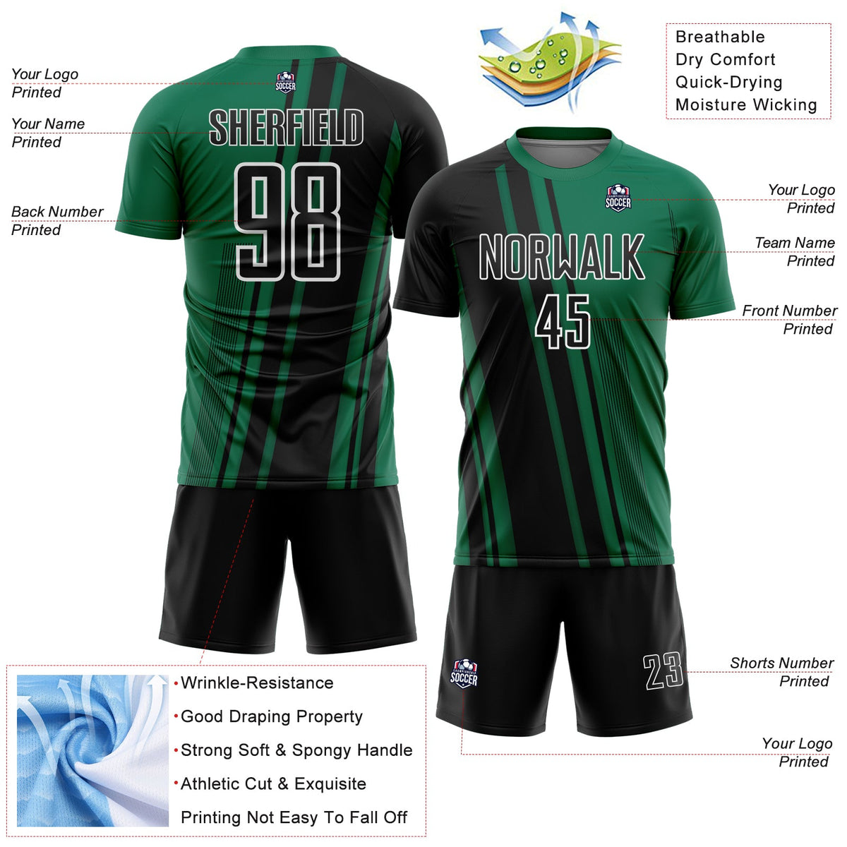 Custom Kelly Green Black-White Lines Sports Sublimation Soccer Uniform Jersey Limited