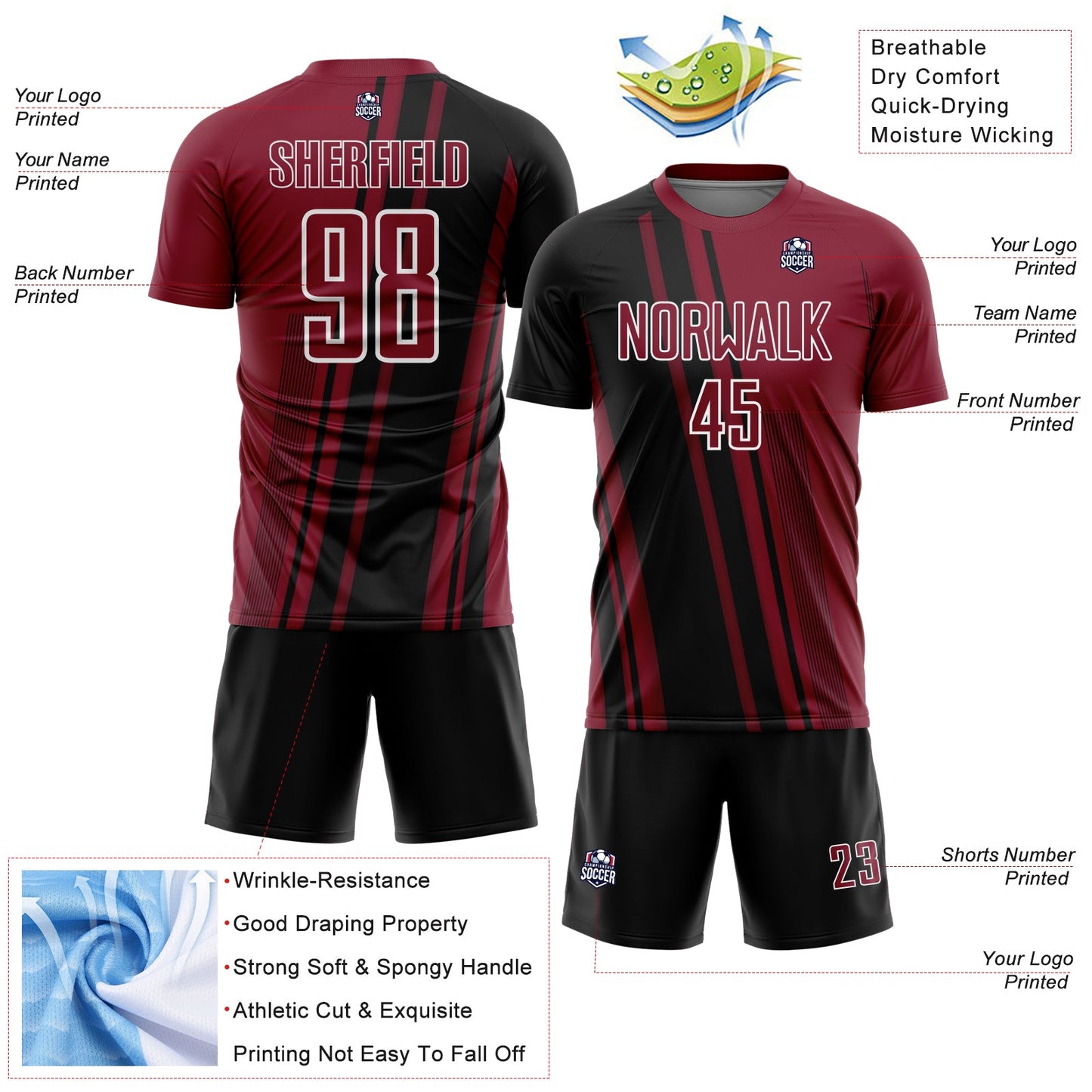 Custom Crimson Black-White Lines Sports Sublimation Soccer Uniform Jersey Limited
