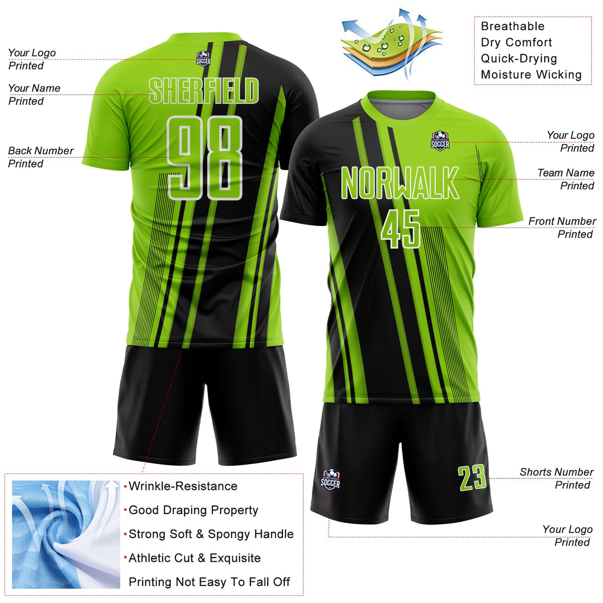 Custom Neon Green Black-White Lines Sports Sublimation Soccer Uniform Jersey Limited