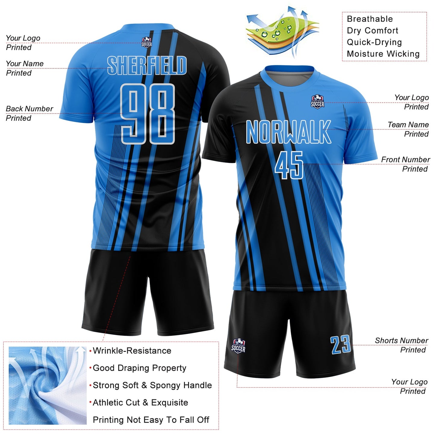 Custom Powder Blue Black-White Lines Sports Sublimation Soccer Uniform Jersey Limited