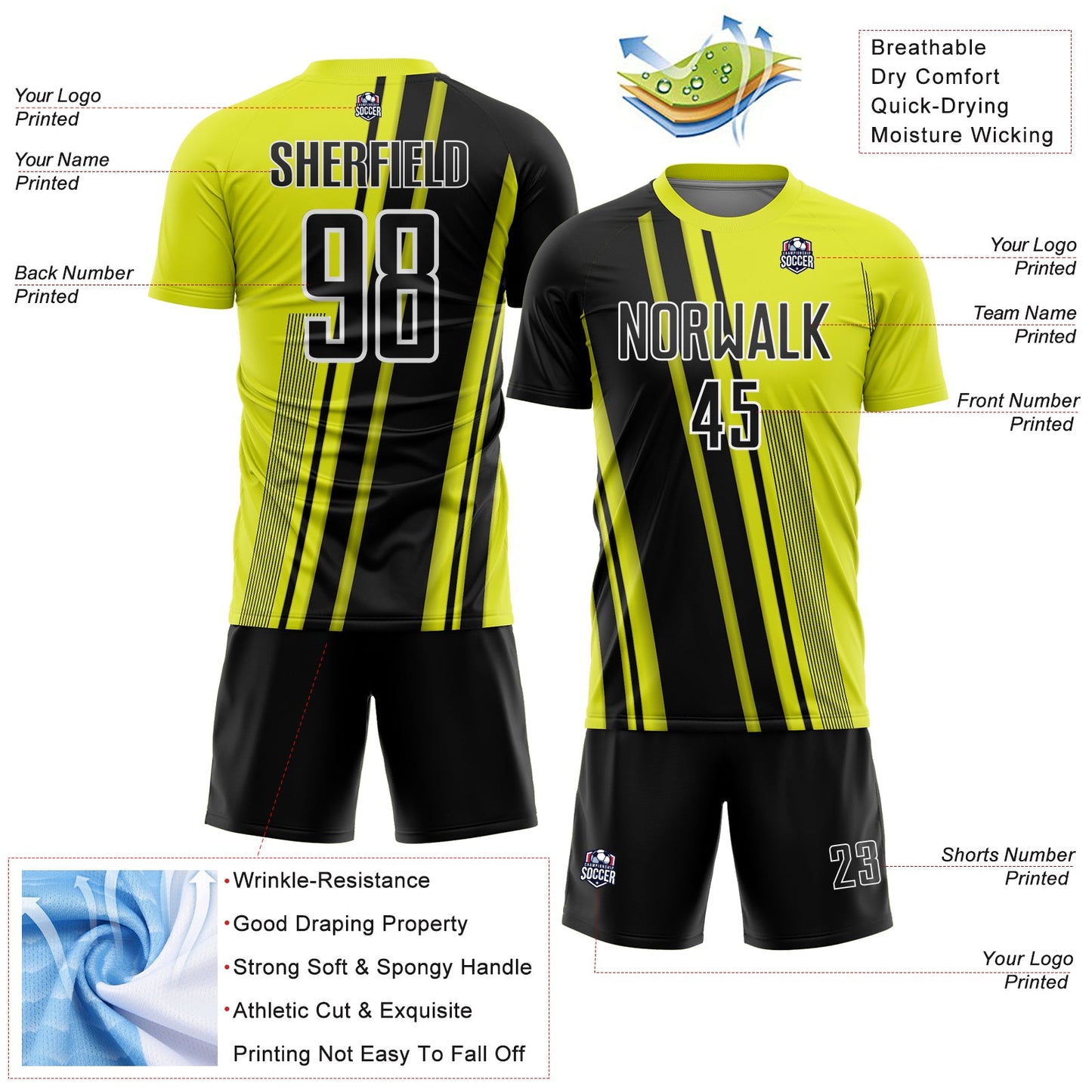 Custom Neon Yellow Black-White Lines Sports Sublimation Soccer Uniform Jersey Limited