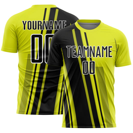 Custom Neon Yellow Black-White Lines Sports Sublimation Soccer Uniform Jersey