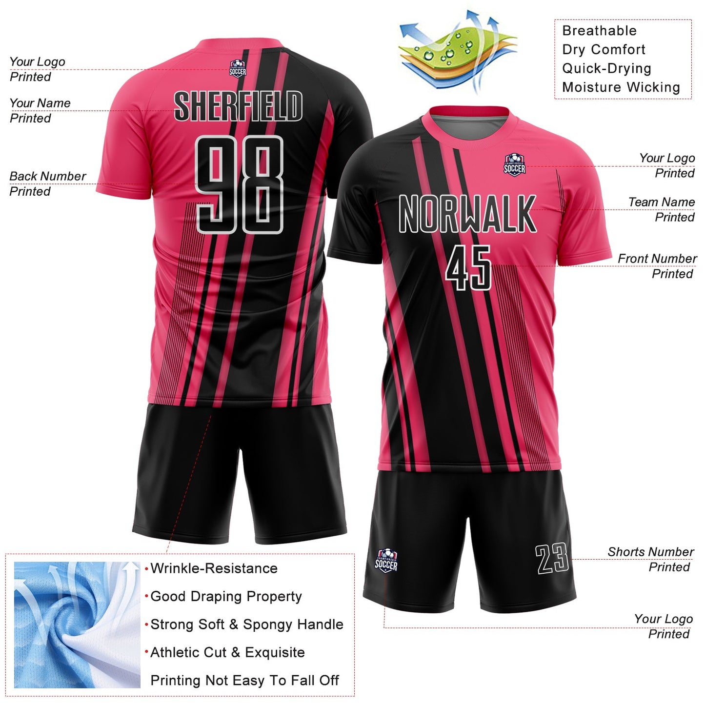 Custom Neon Pink Black-White Lines Sports Sublimation Soccer Uniform Jersey Limited