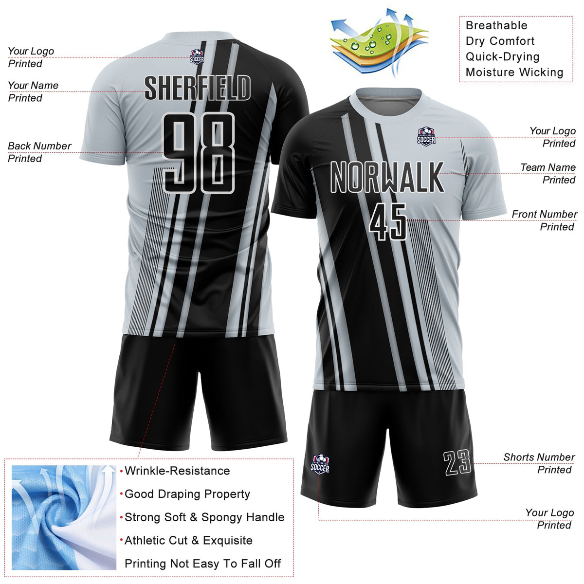 Custom Silver Black-White Lines Sports Sublimation Soccer Uniform Jersey Limited