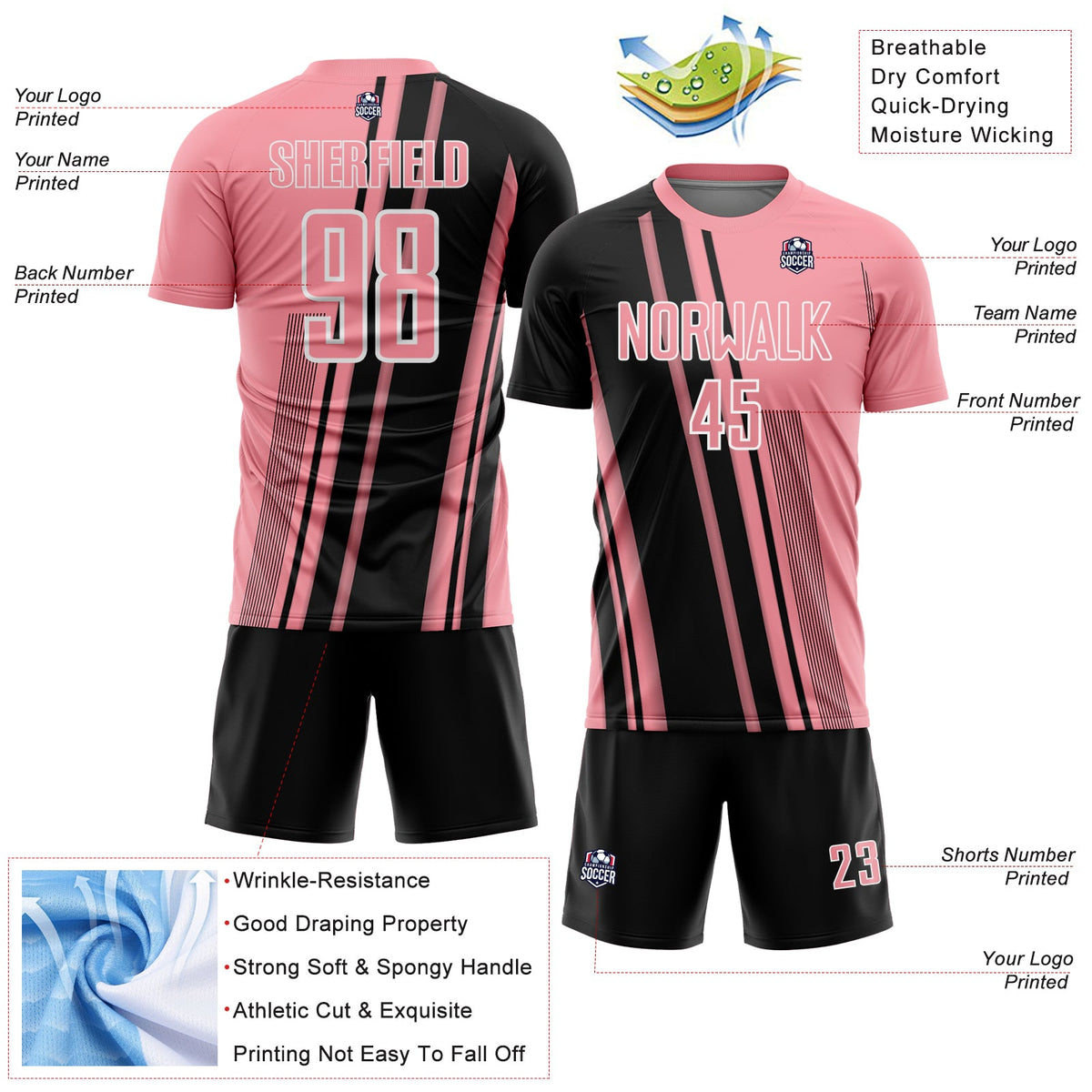 Custom Medium Pink Black-White Lines Sports Sublimation Soccer Uniform Jersey Limited
