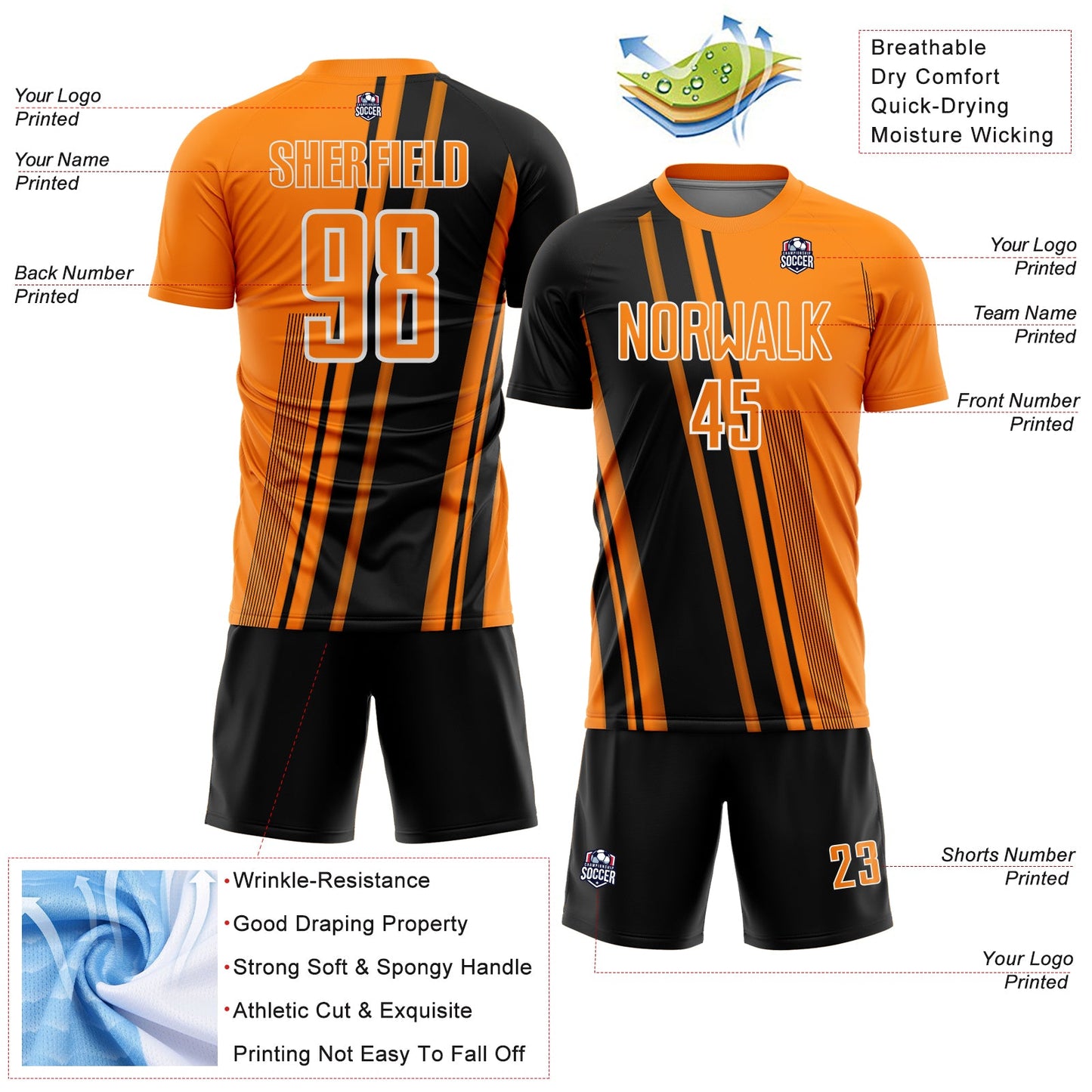 Custom Bay Orange Black-White Lines Sports Sublimation Soccer Uniform Jersey Limited