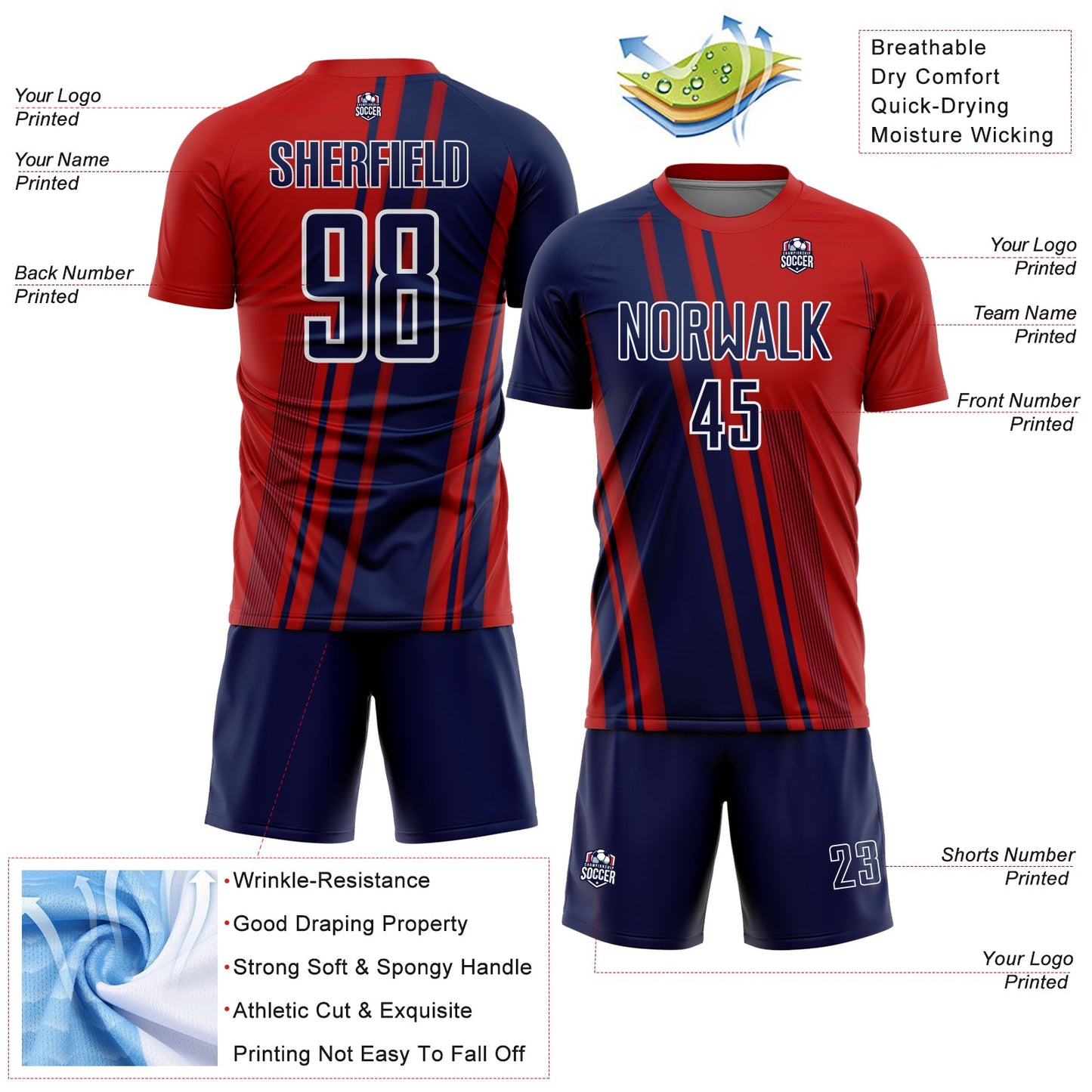 Custom Red Navy-White Lines Sports Sublimation Soccer Uniform Jersey Limited