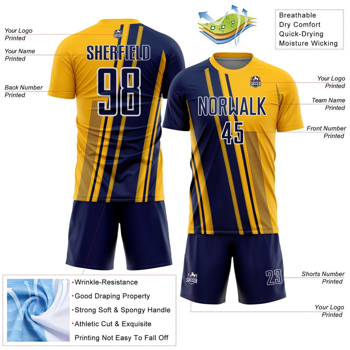 Custom Gold Navy-White Lines Sports Sublimation Soccer Uniform Jersey Limited