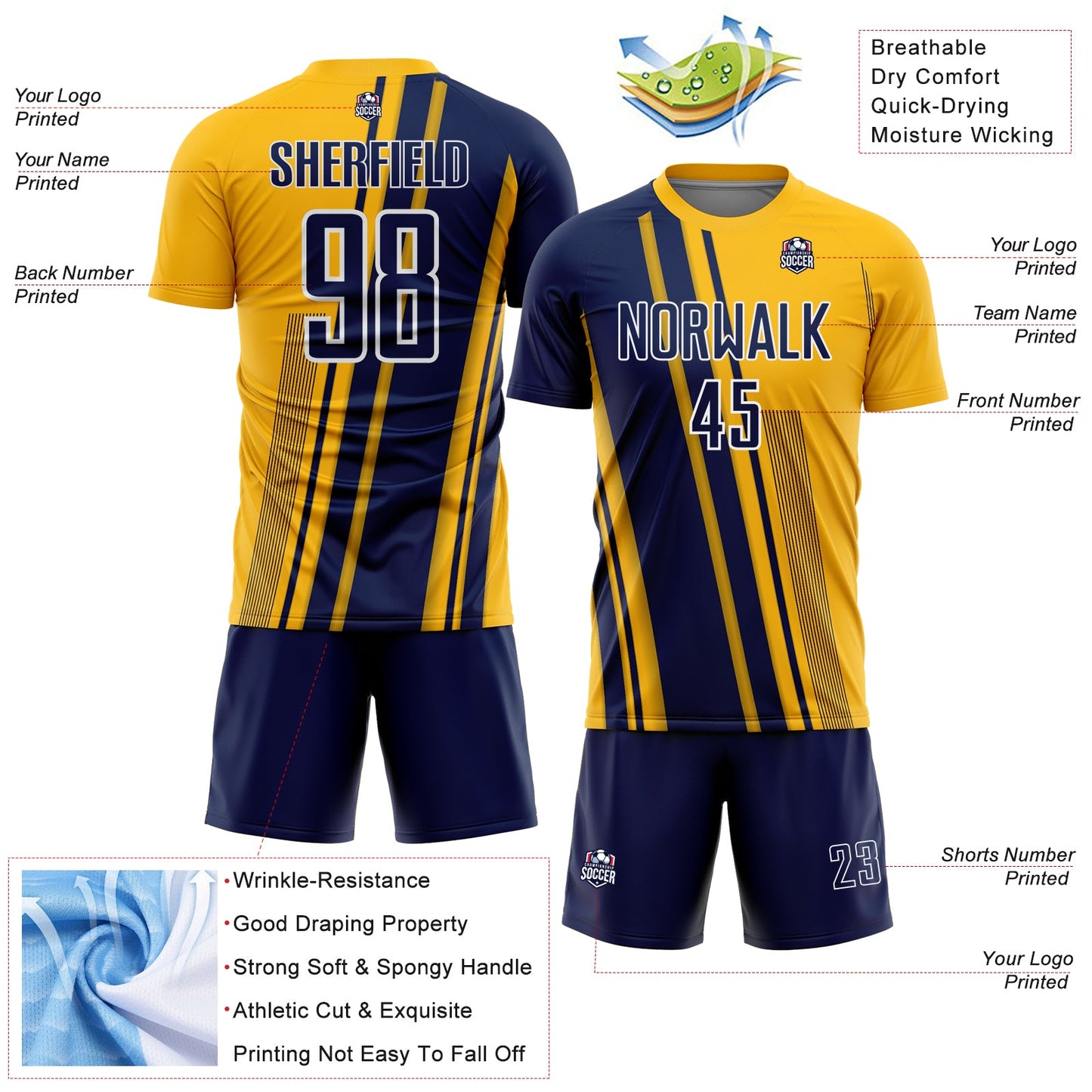Custom Gold Navy-White Lines Sports Sublimation Soccer Uniform Jersey Limited