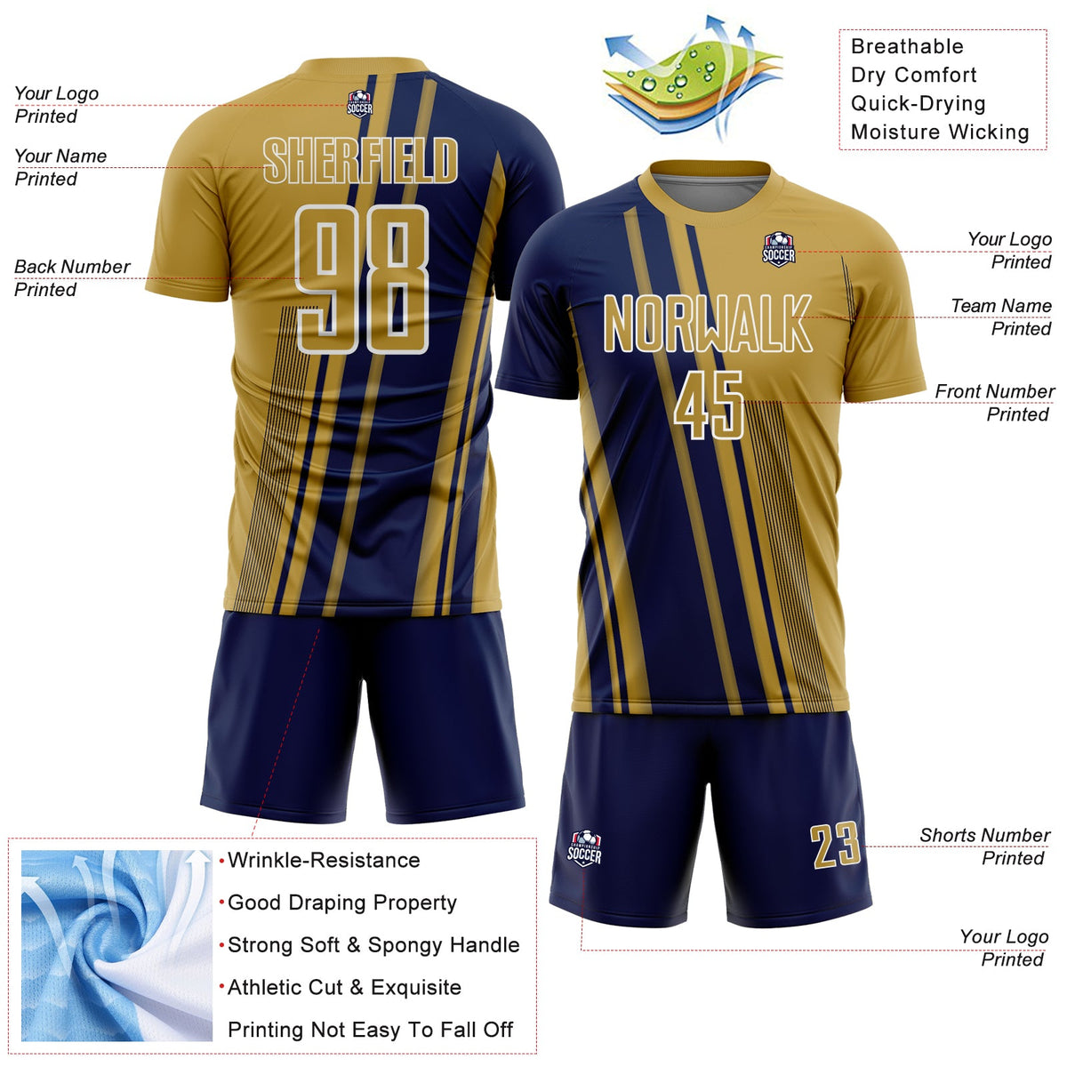 Custom Old Gold Navy-White Lines Sports Sublimation Soccer Uniform Jersey Limited