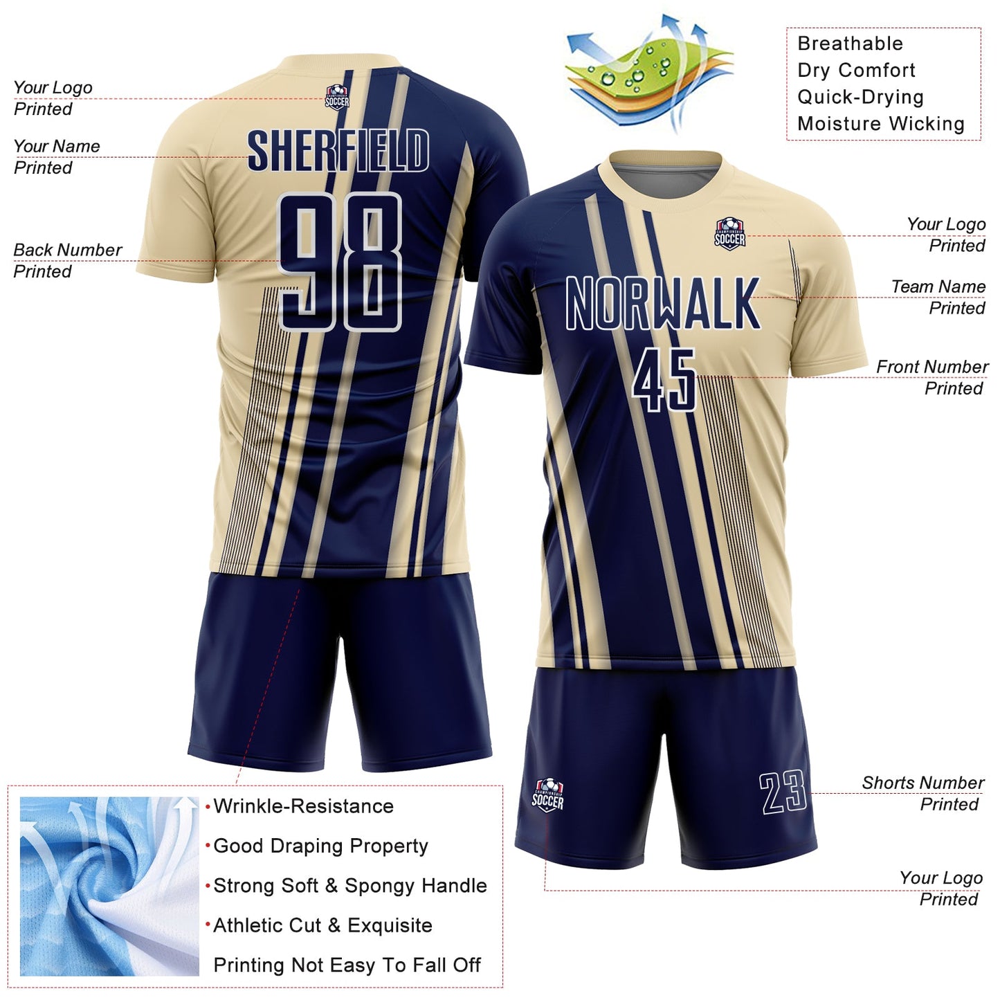 Custom Cream Navy-White Lines Sports Sublimation Soccer Uniform Jersey Limited