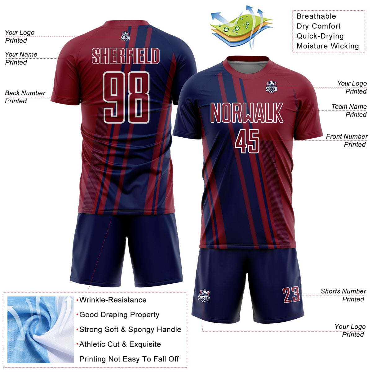 Custom Crimson Navy-White Lines Sports Sublimation Soccer Uniform Jersey Limited