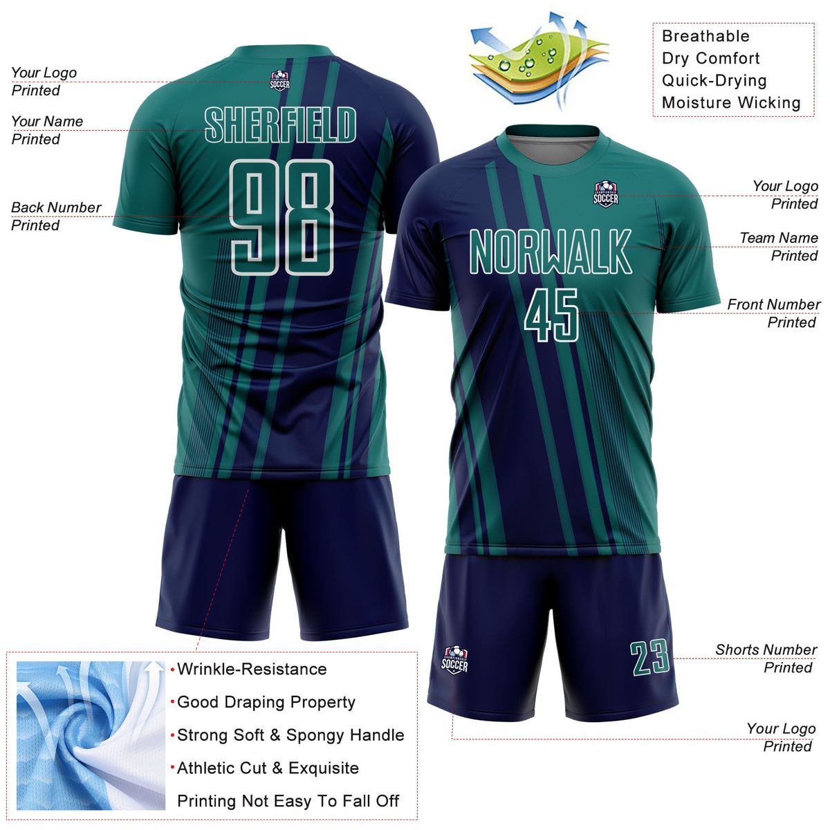 Custom Teal Navy-White Lines Sports Sublimation Soccer Uniform Jersey Limited