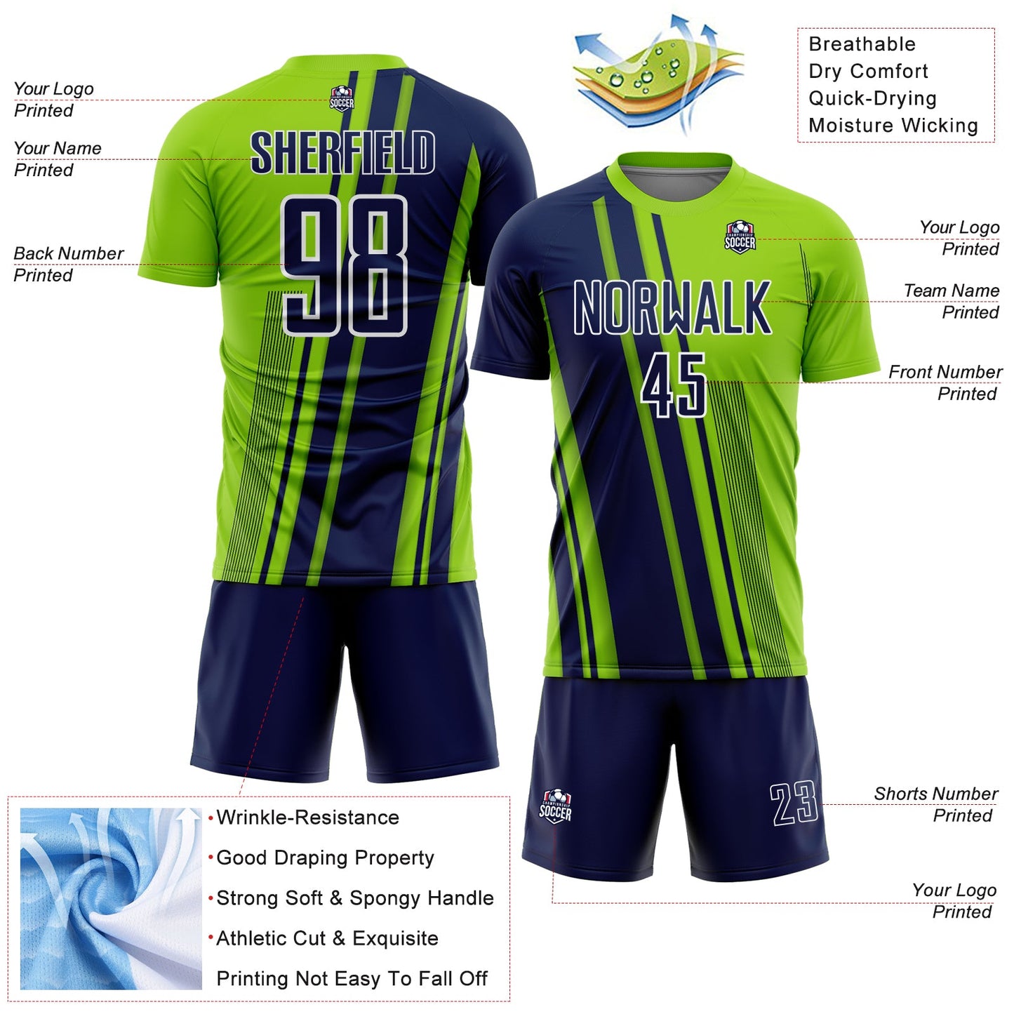 Custom Neon Green Navy-White Lines Sports Sublimation Soccer Uniform Jersey Limited