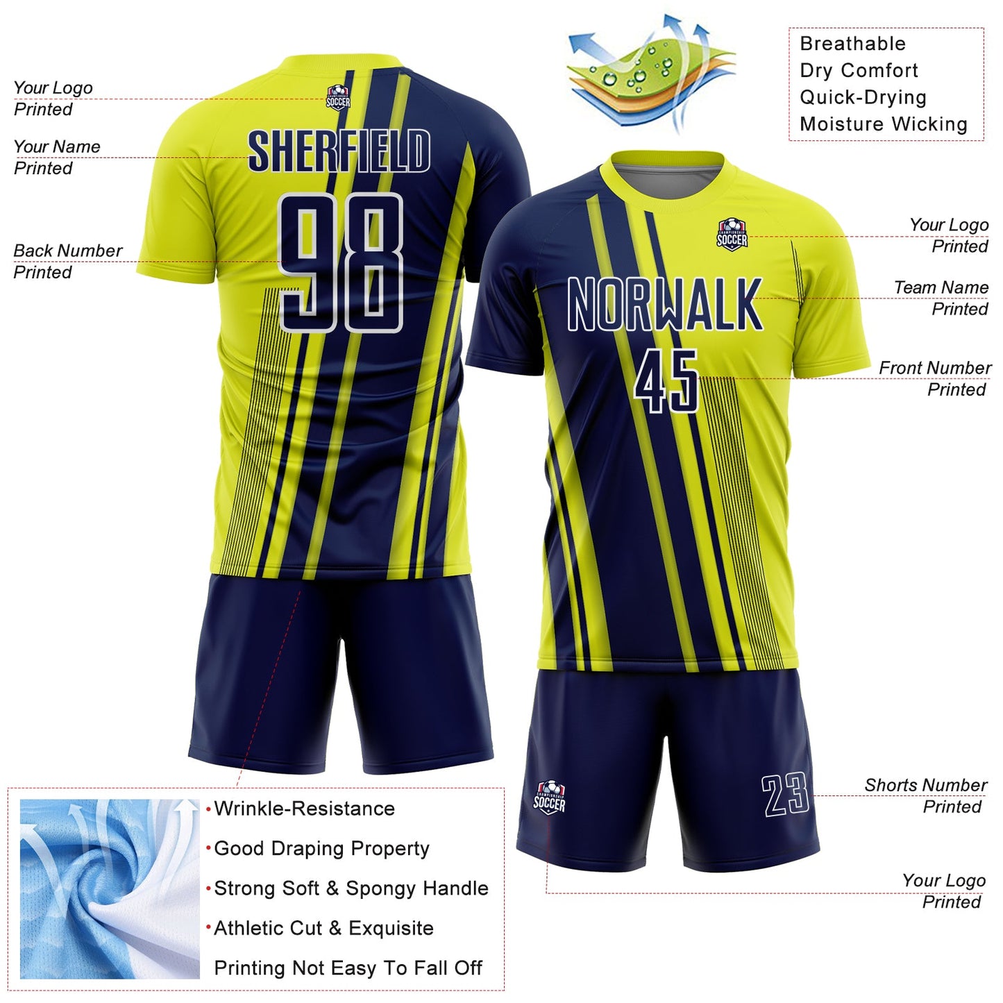 Custom Neon Yellow Navy-White Lines Sports Sublimation Soccer Uniform Jersey Limited