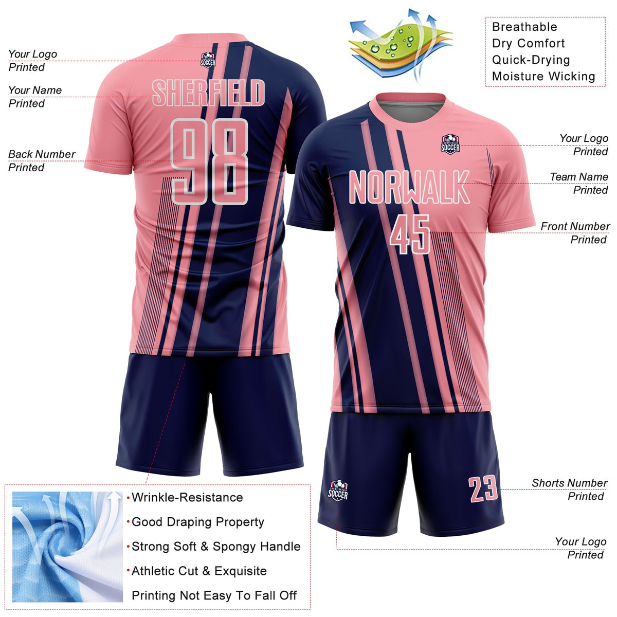 Custom Medium Pink Navy-White Lines Sports Sublimation Soccer Uniform Jersey Limited
