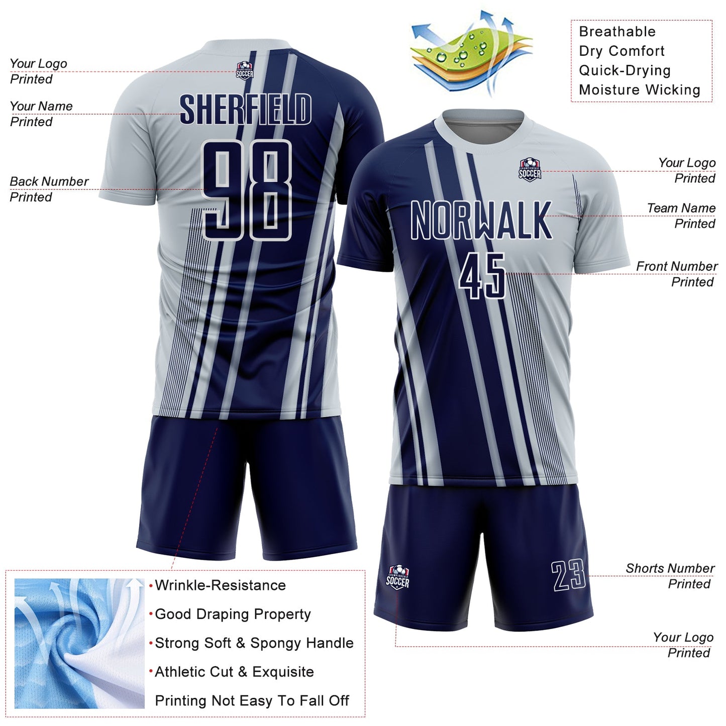 Custom Silver Navy-White Lines Sports Sublimation Soccer Uniform Jersey Limited