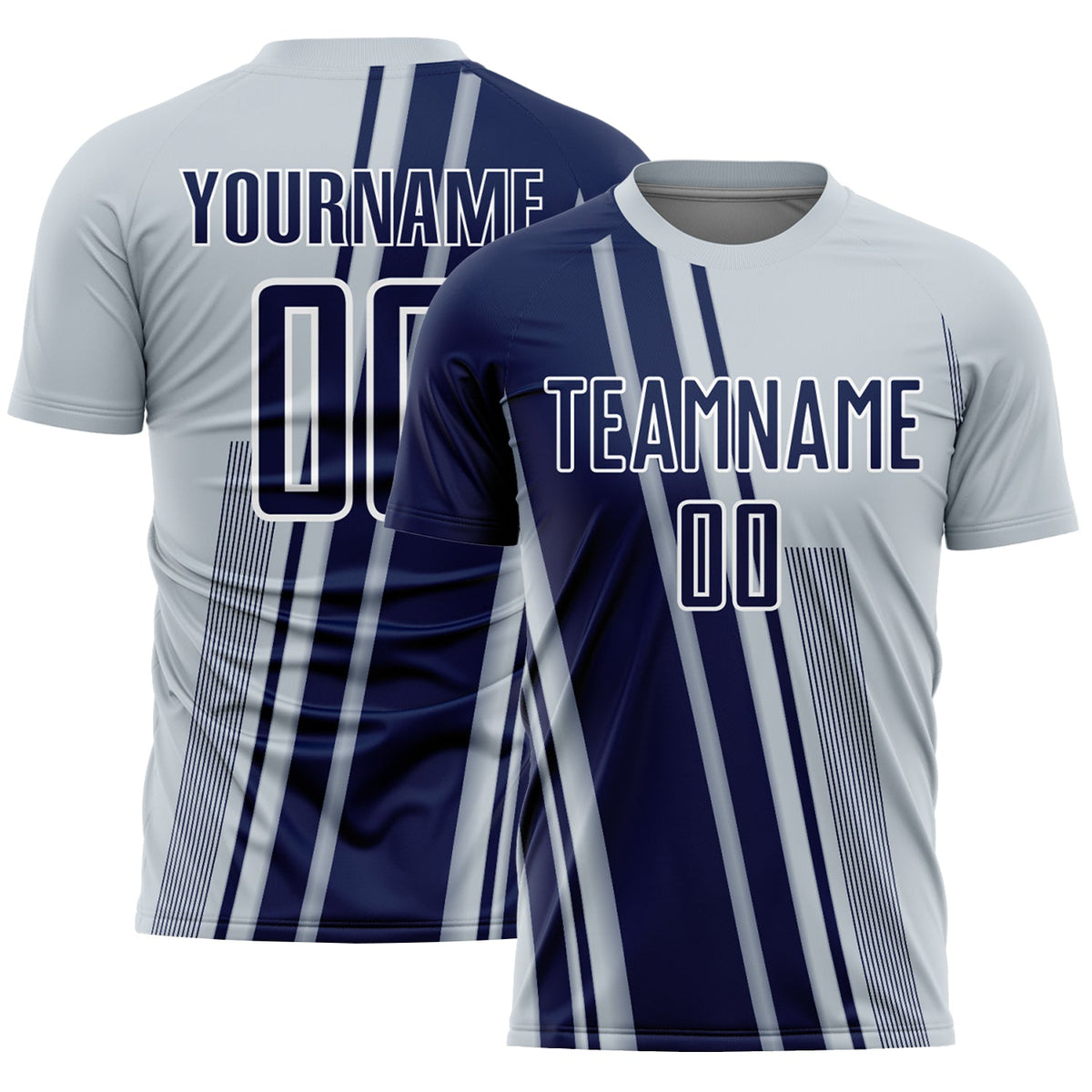 Custom Silver Navy-White Lines Sports Sublimation Soccer Uniform Jersey