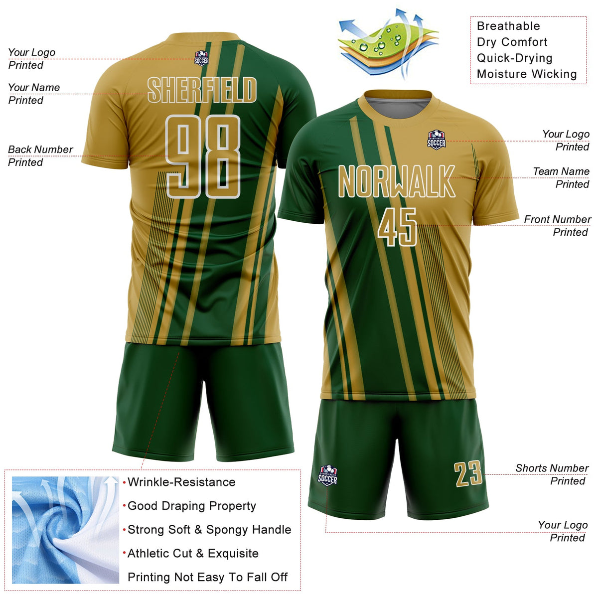 Custom Old Gold Green-White Lines Sports Sublimation Soccer Uniform Jersey Limited