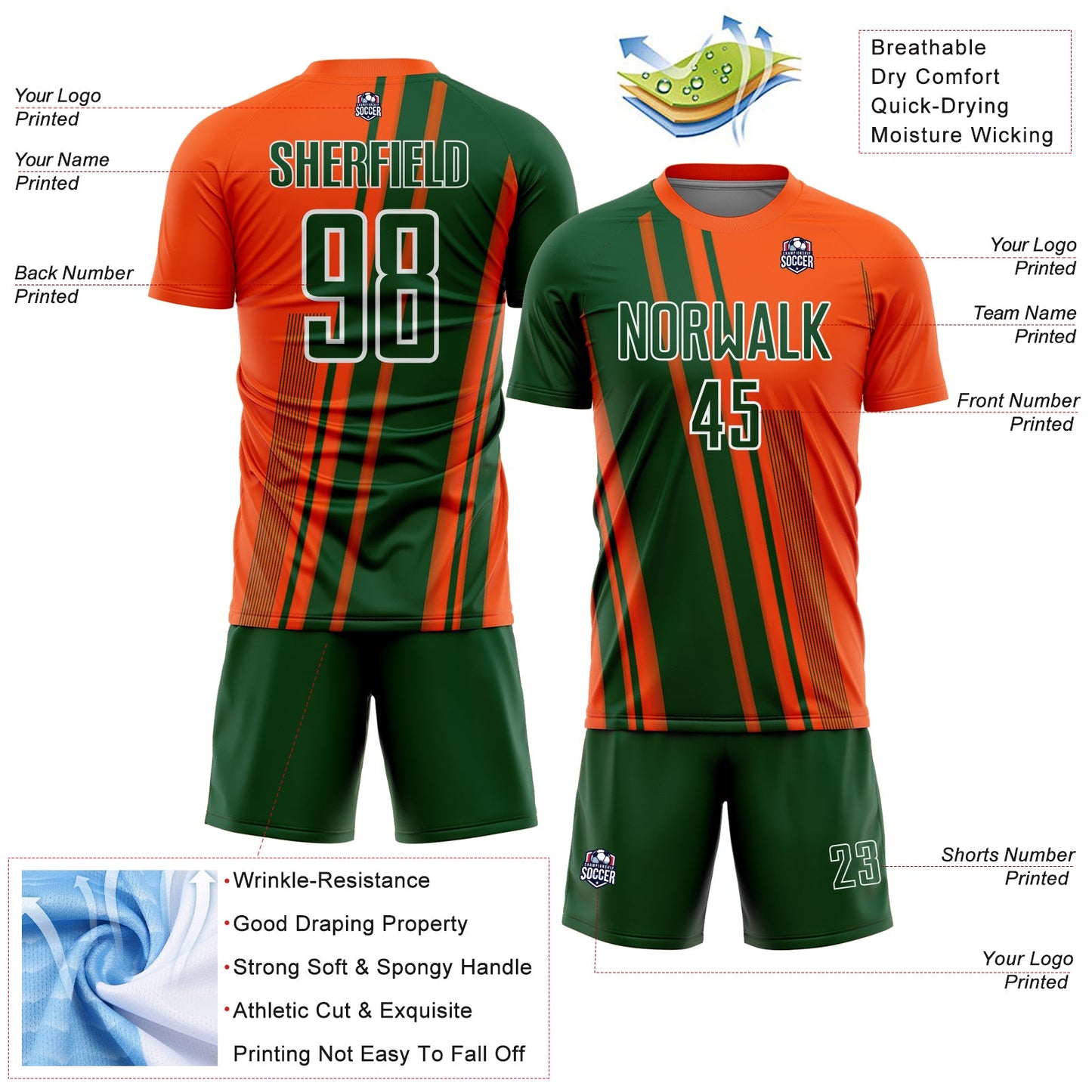 Custom Orange Green-White Lines Sports Sublimation Soccer Uniform Jersey Limited