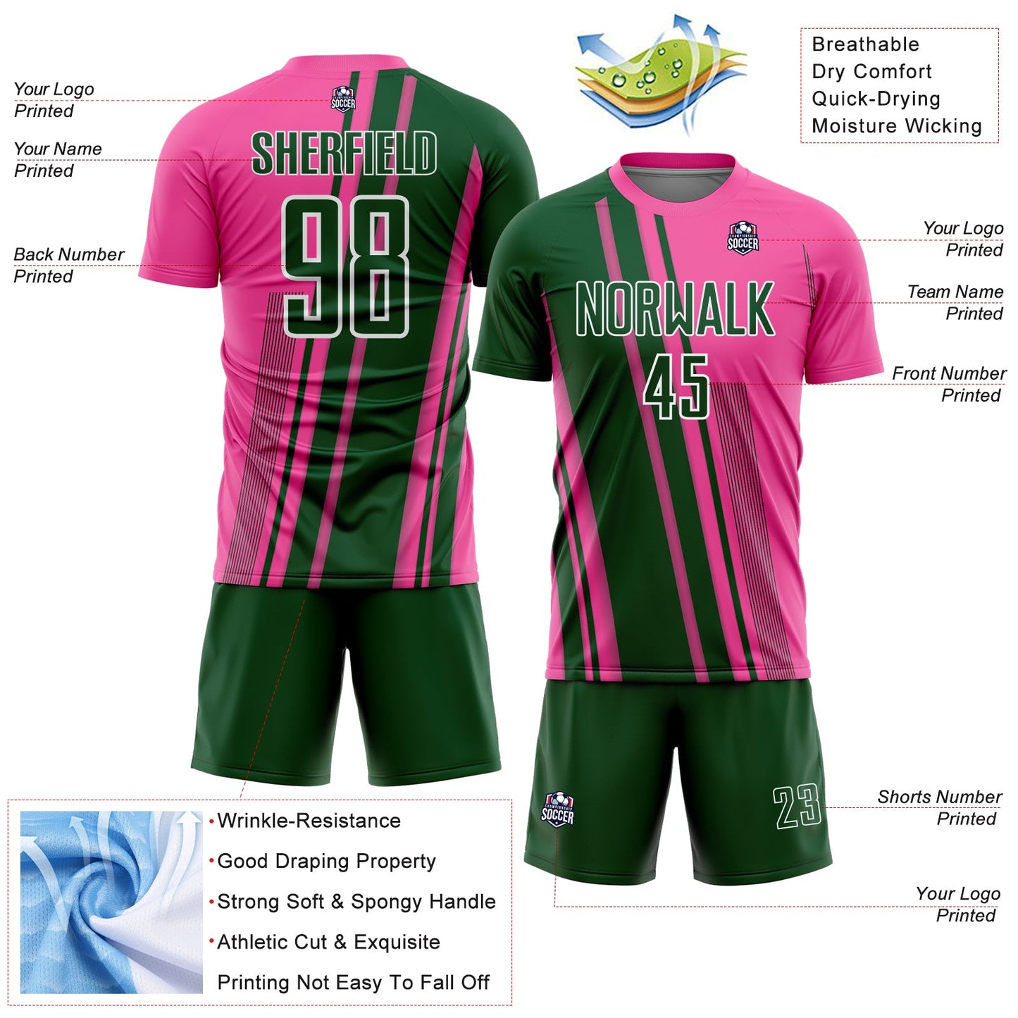 Custom Pink Green-White Lines Sports Sublimation Soccer Uniform Jersey Limited