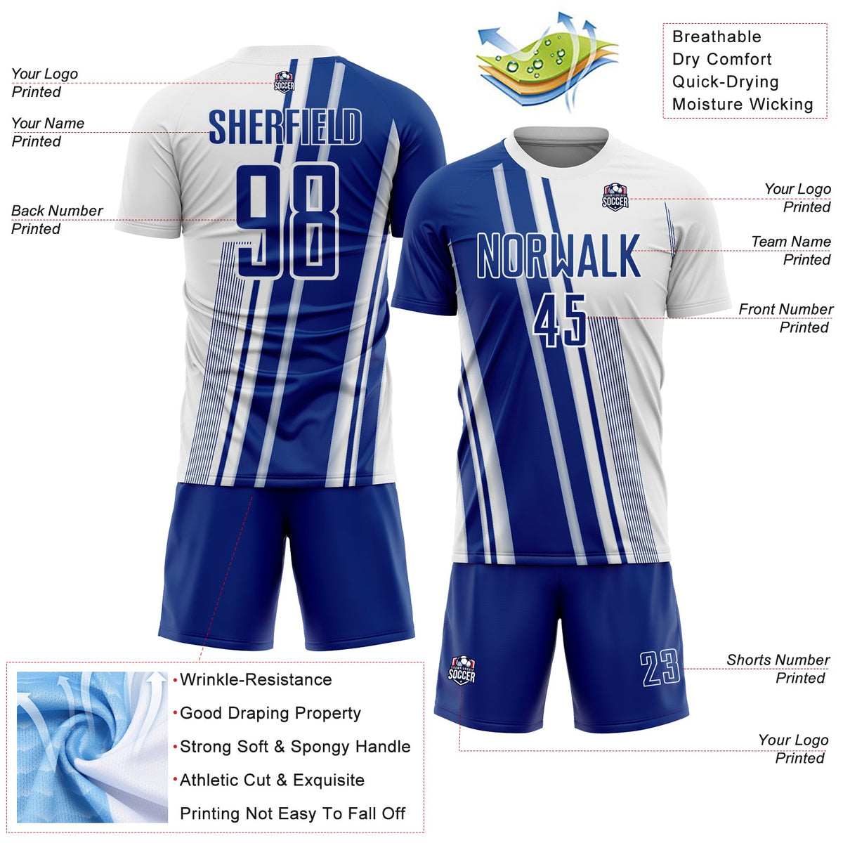 Custom White Royal Lines Sports Sublimation Soccer Uniform Jersey Limited
