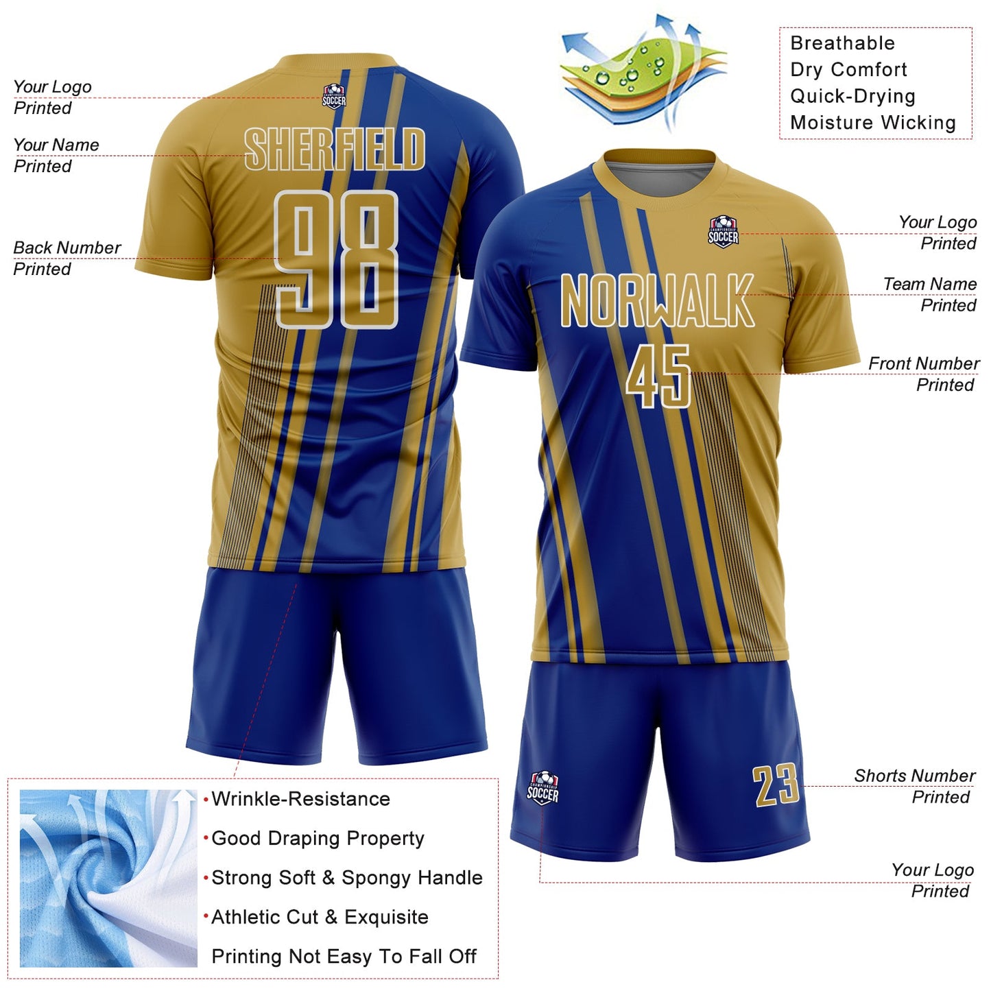 Custom Old Gold Royal-White Lines Sports Sublimation Soccer Uniform Jersey Limited