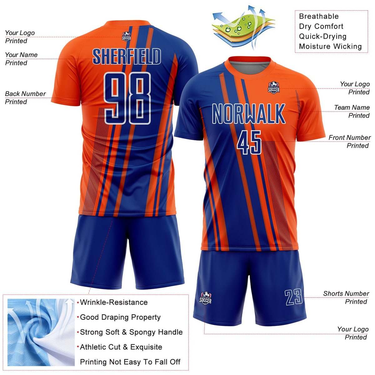 Custom Orange Royal-White Lines Sports Sublimation Soccer Uniform Jersey Limited