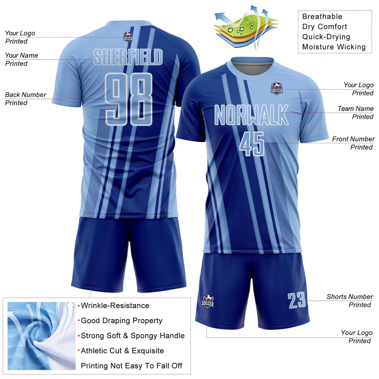 Custom Light Blue Royal-White Lines Sports Sublimation Soccer Uniform Jersey Limited
