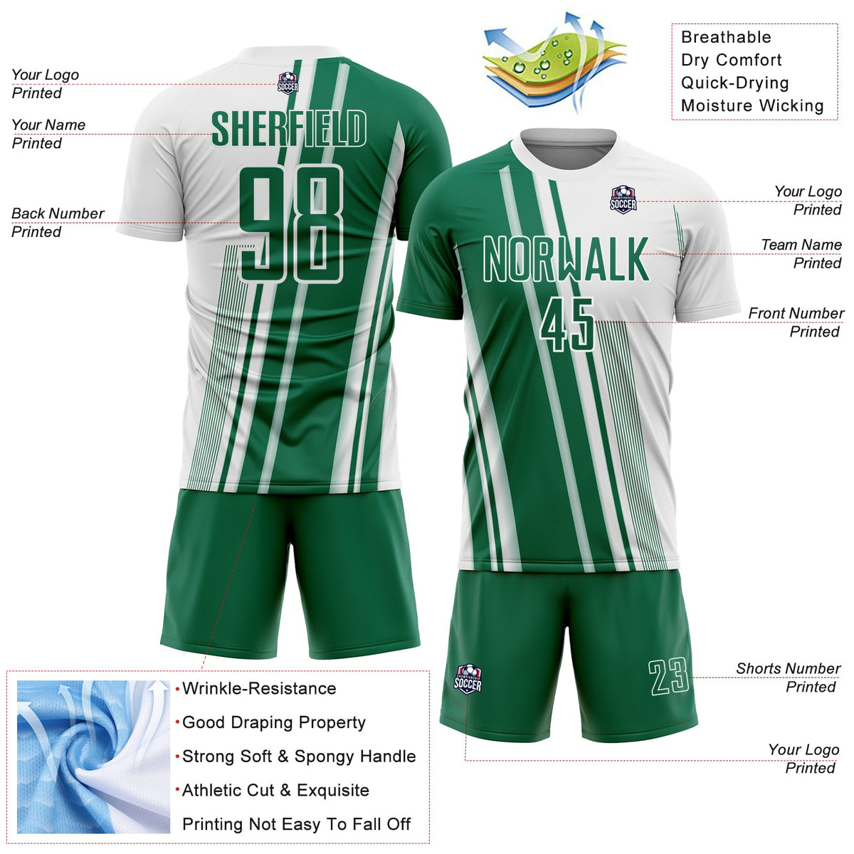 Custom White Kelly Green Lines Sports Sublimation Soccer Uniform Jersey Limited