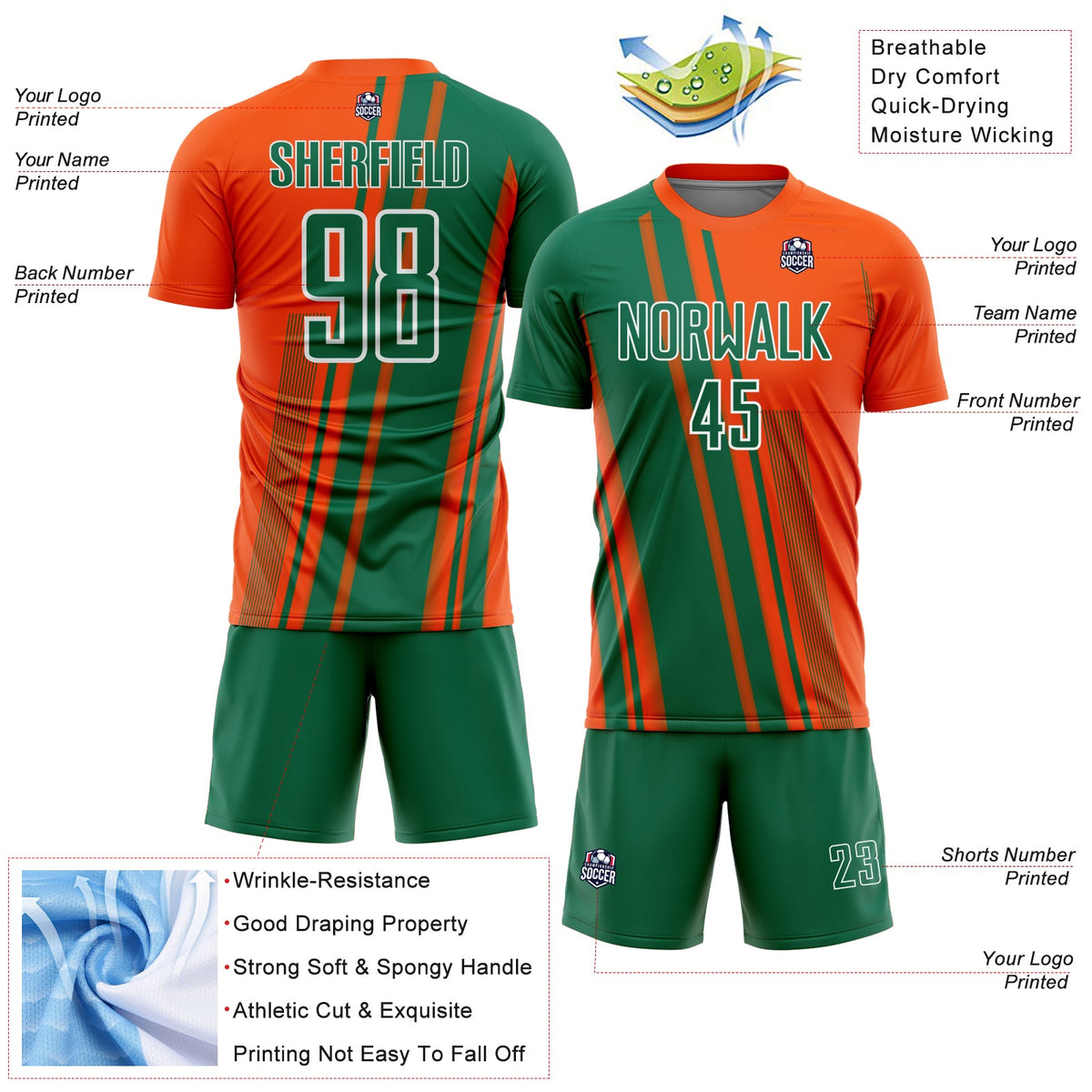 Custom Orange Kelly Green-White Lines Sports Sublimation Soccer Uniform Jersey Limited